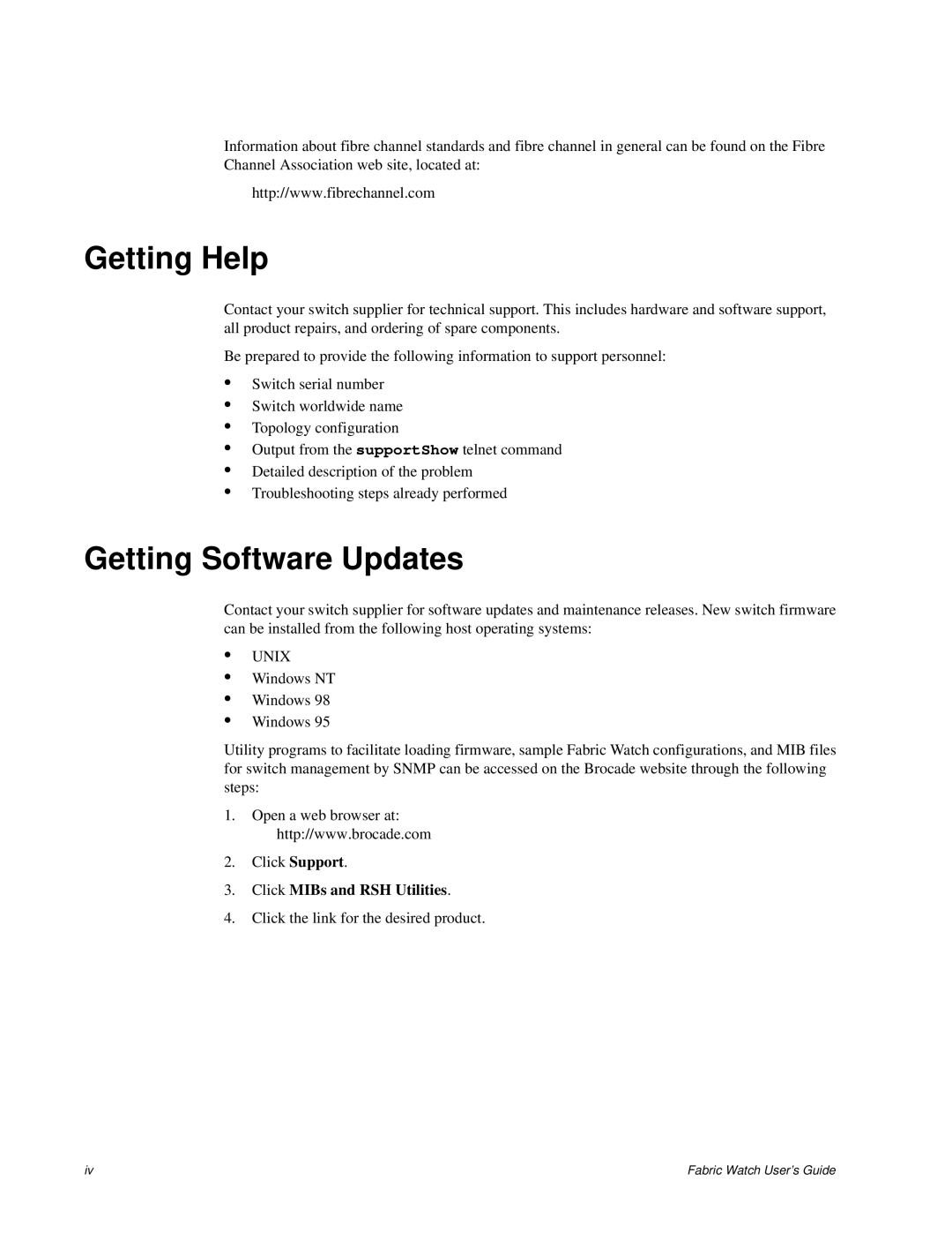 Finisar Brocade Fabric Watch manual Getting Help, Getting Software Updates, Click MIBs and RSH Utilities 