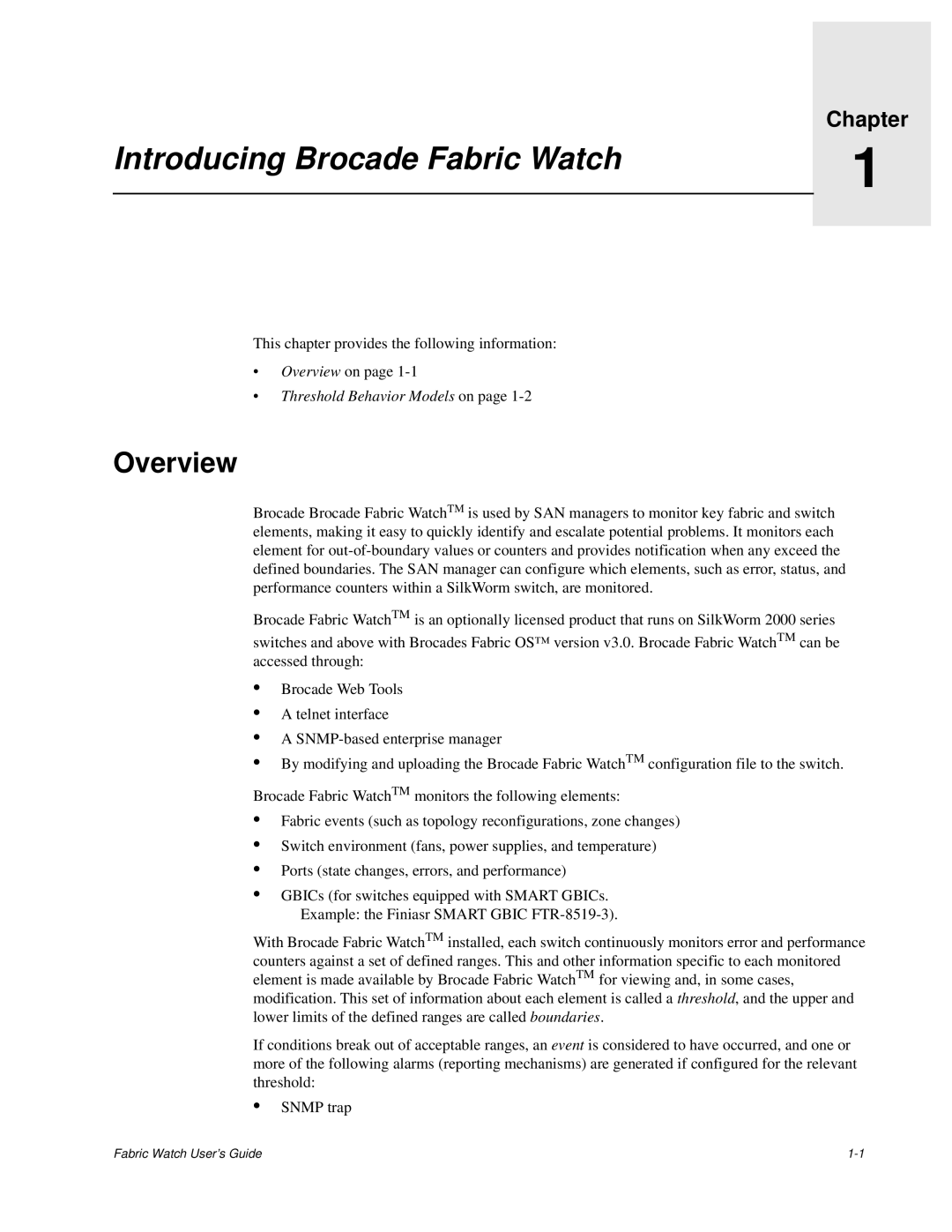 Finisar manual Introducing Brocade Fabric Watch, Overview 