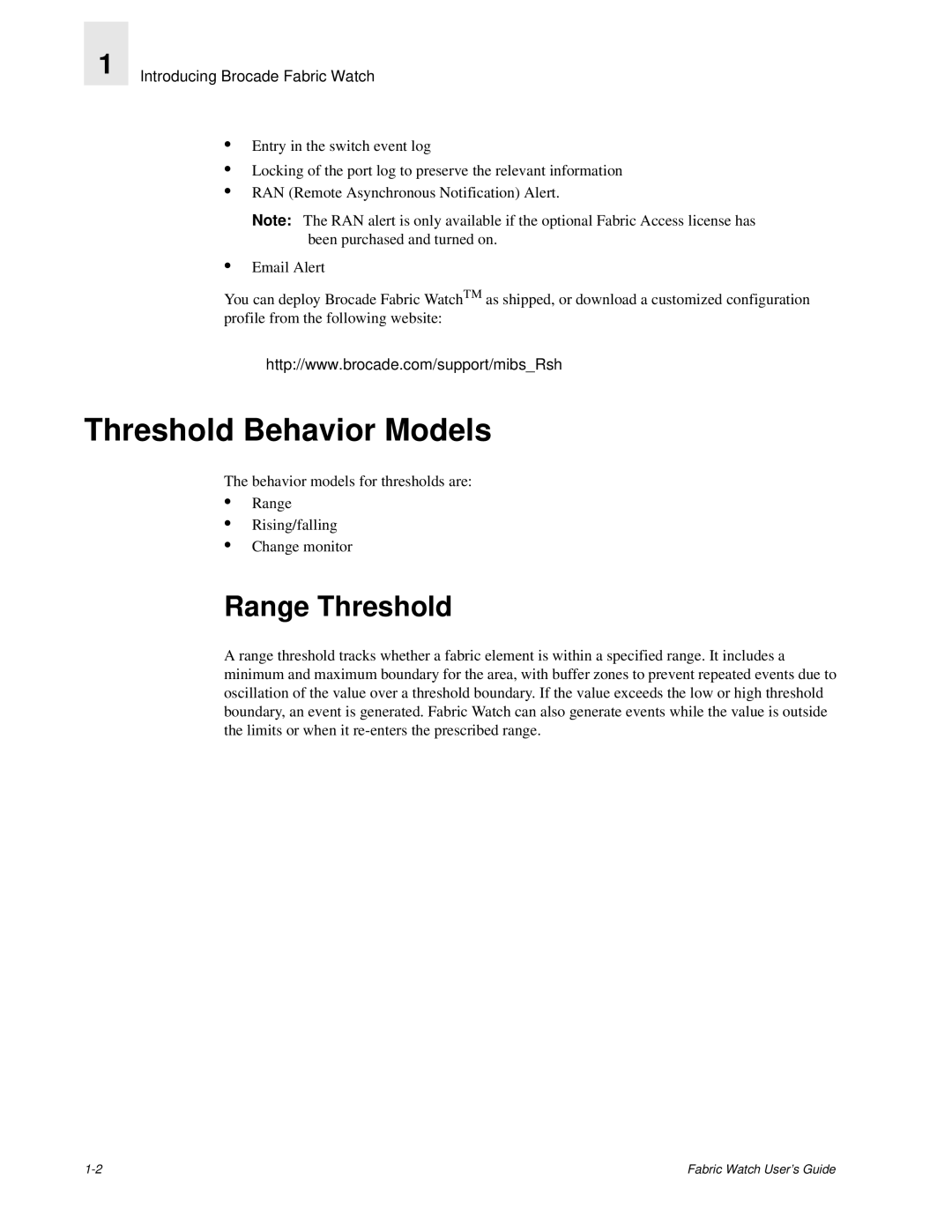 Finisar Brocade Fabric Watch manual Threshold Behavior Models, Range Threshold 