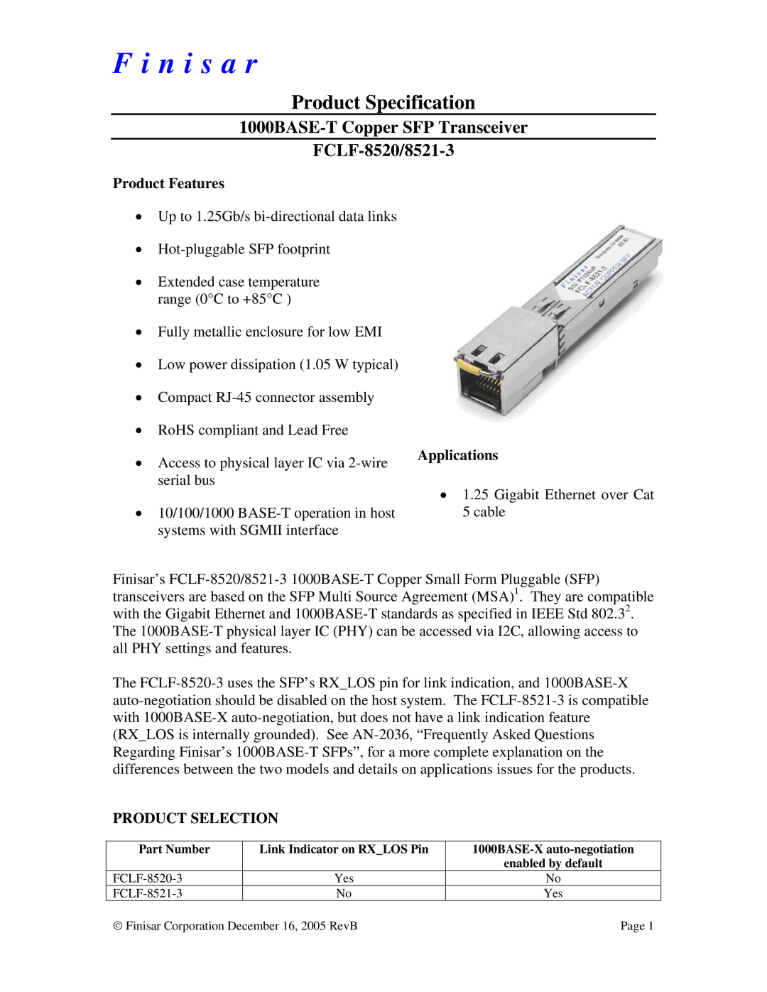 Finisar FCLF-8521-3 manual Product Features, Applications 