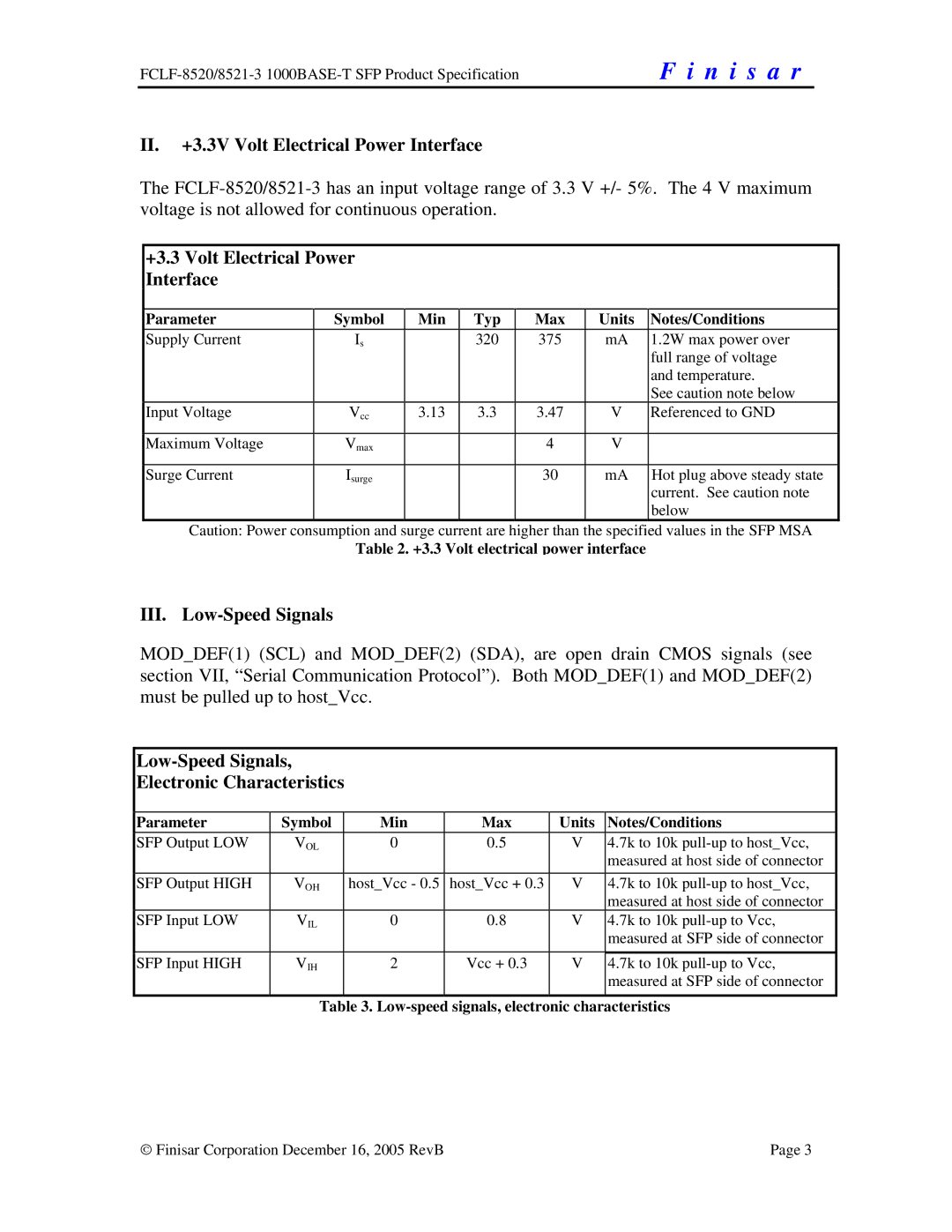 Finisar FCLF-8521-3 manual II. +3.3V Volt Electrical Power Interface, +3.3 Volt Electrical Power Interface 