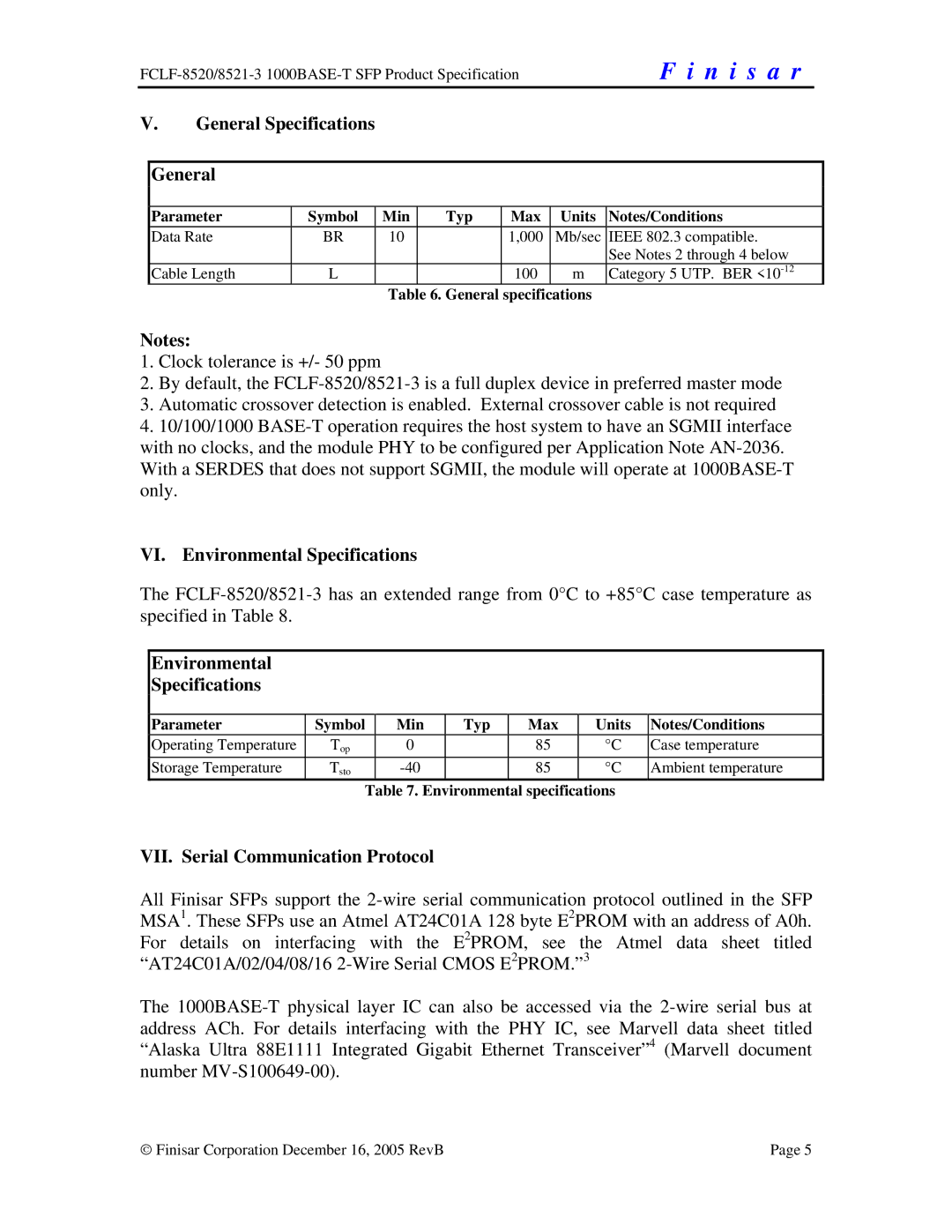 Finisar FCLF-8521-3 manual General Specifications, VI. Environmental Specifications, VII. Serial Communication Protocol 