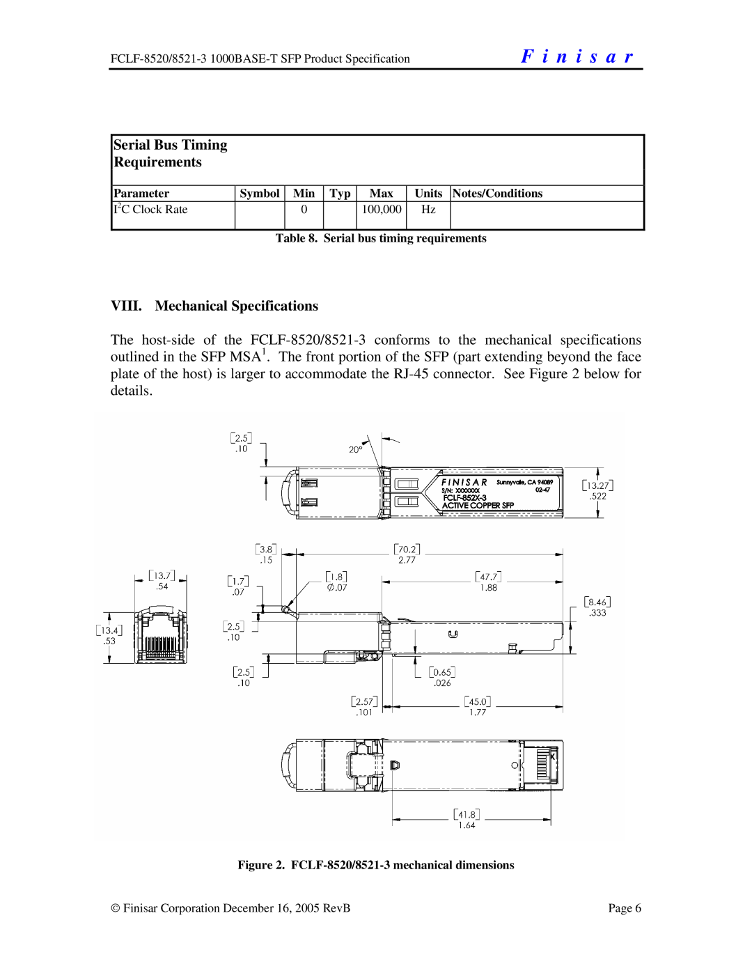 Finisar FCLF-8521-3 manual Serial Bus Timing Requirements, VIII. Mechanical Specifications 