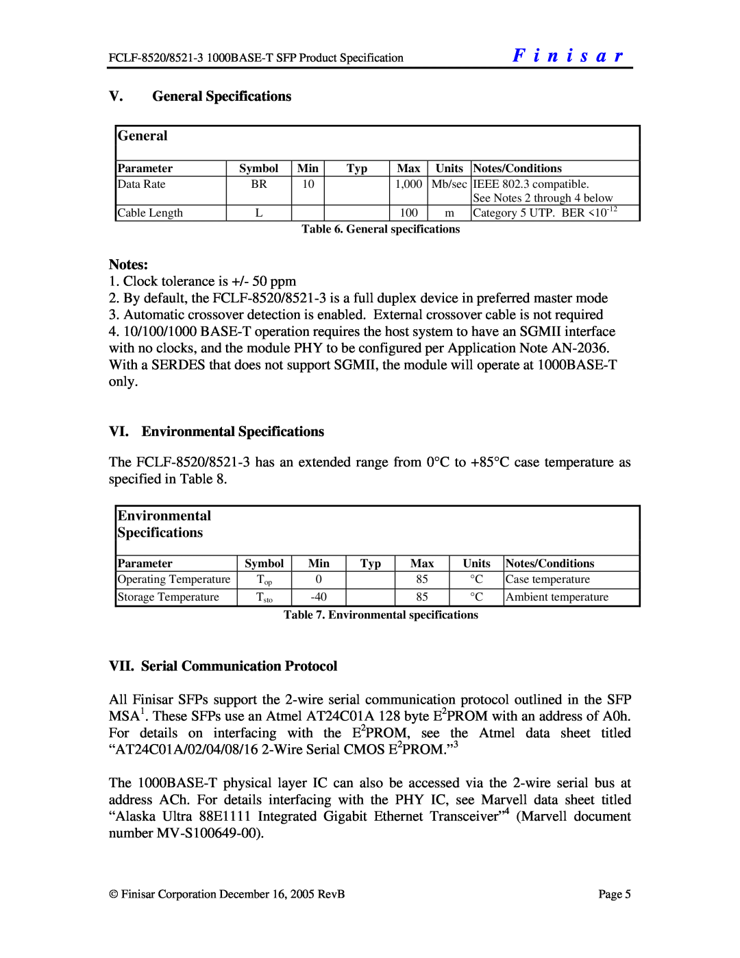 Finisar FCLF-8521-3 manual V. General Specifications General, VI. Environmental Specifications, F i n i s a r 