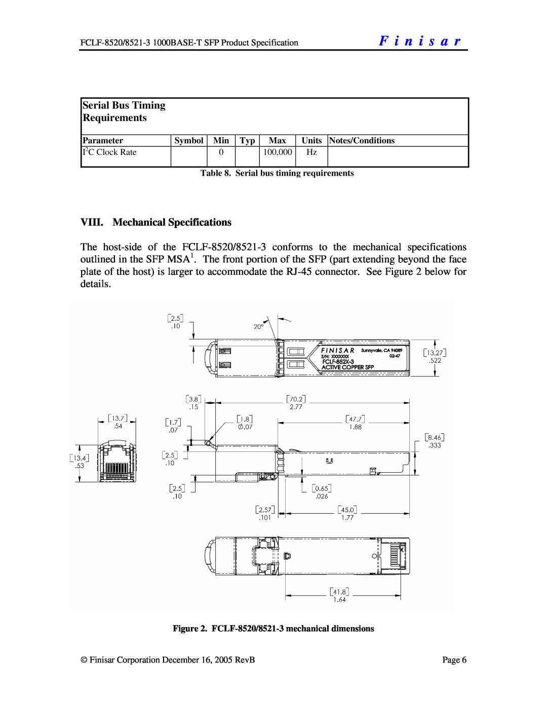 Finisar FCLF-8521-3 manual Serial Bus Timing Requirements, VIII. Mechanical Specifications, F i n i s a r 