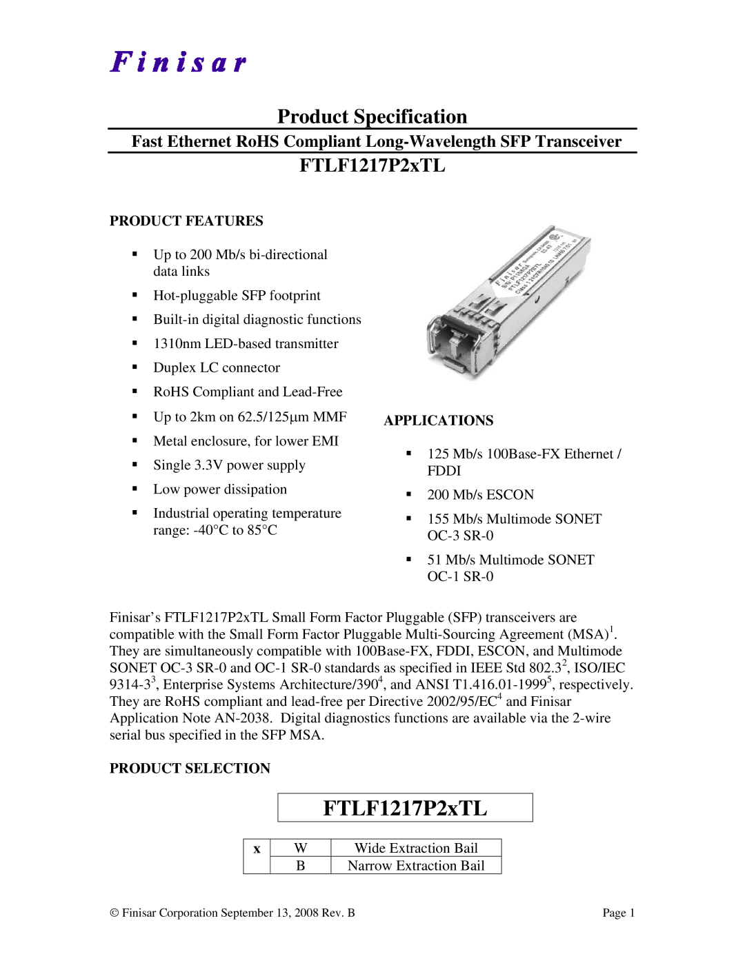 Finisar FTLF1217P2XTL manual FTLF1217P2xTL 