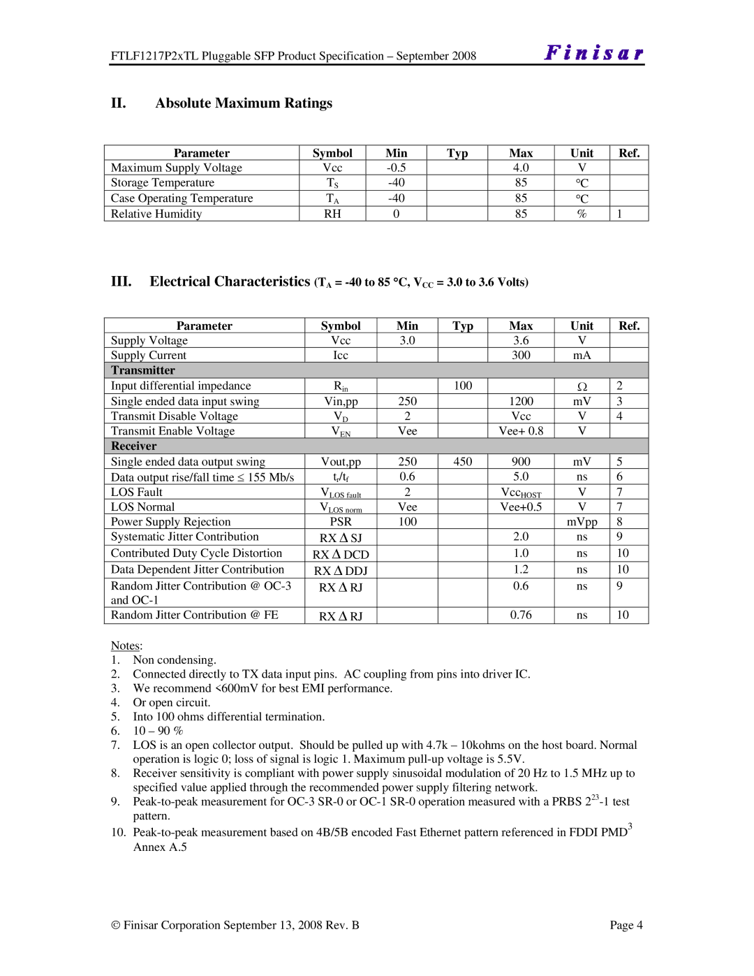 Finisar FTLF1217P2XTL manual II. Absolute Maximum Ratings, Parameter Symbol Min, Typ Max Unit, Transmitter, Receiver 