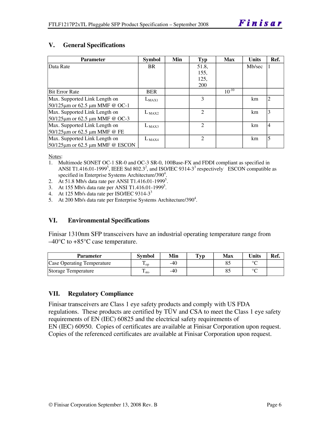 Finisar FTLF1217P2XTL manual General Specifications, VI. Environmental Specifications, VII. Regulatory Compliance 