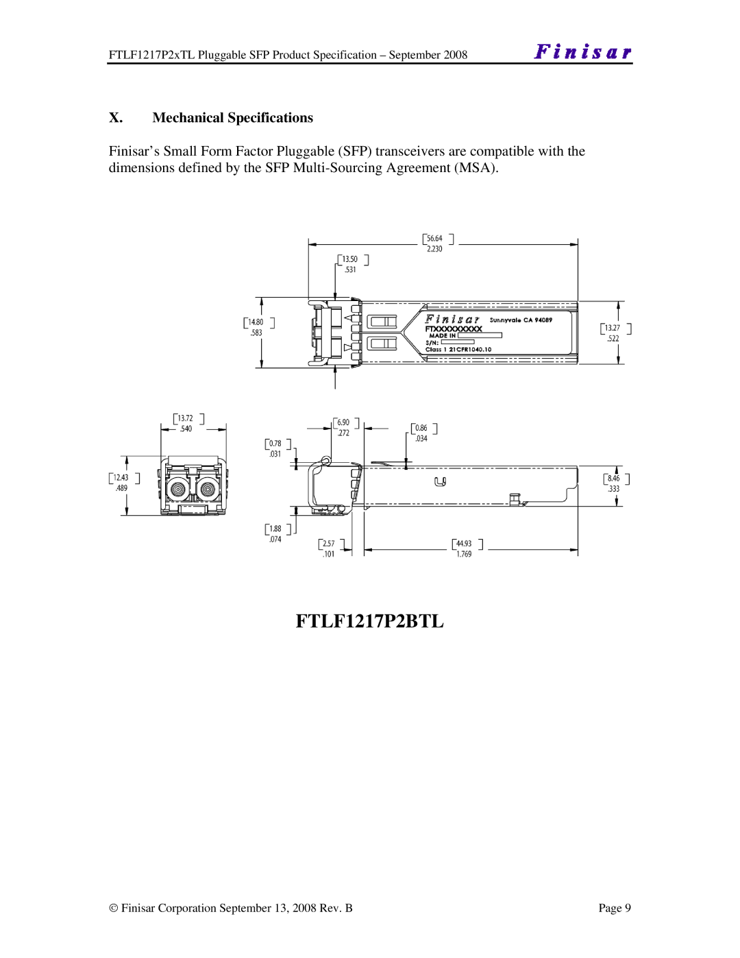 Finisar FTLF1217P2XTL manual FTLF1217P2BTL, Mechanical Specifications 