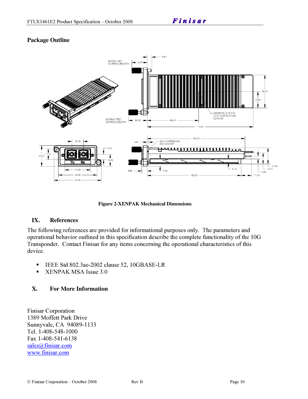 Finisar FTLX1461E2 manual Package Outline, IX. References, For More Information 