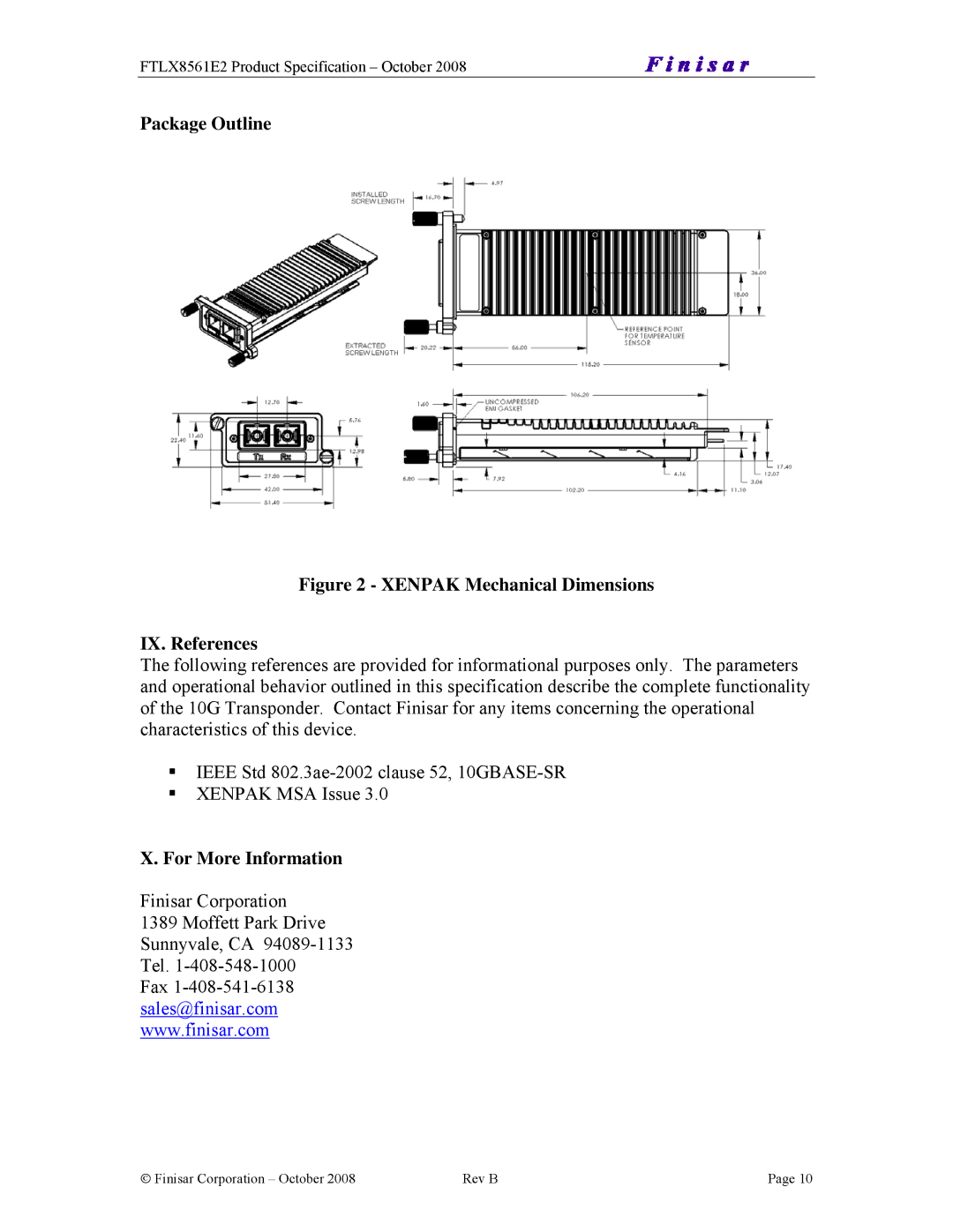 Finisar FTLX8561E2 manual Package Outline, For More Information 