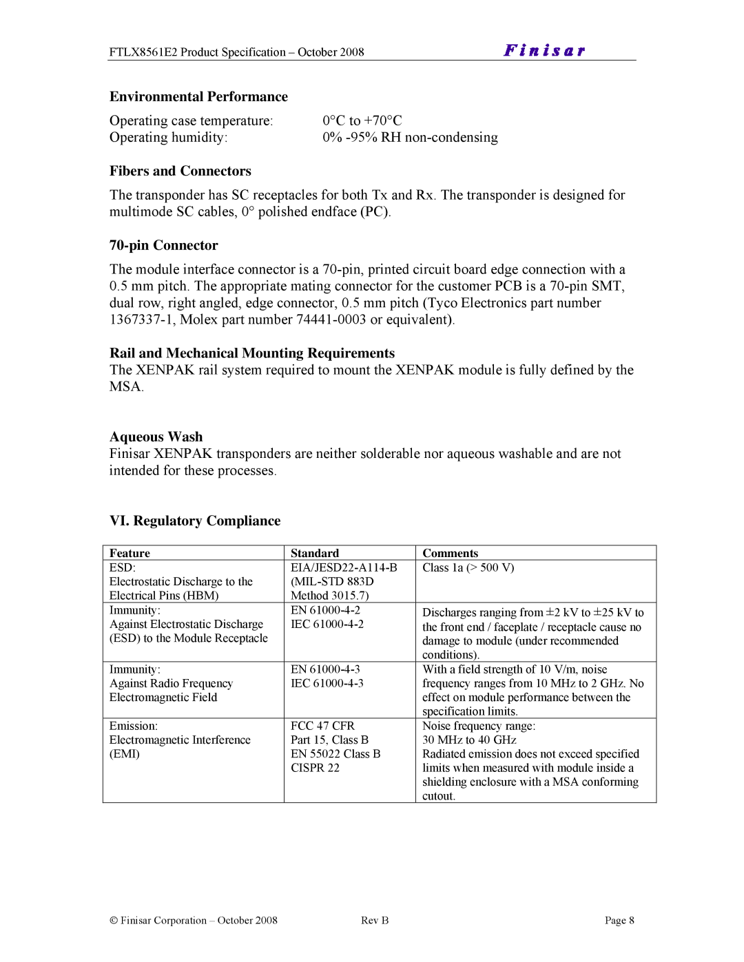 Finisar FTLX8561E2 manual Environmental Performance, Fibers and Connectors, Pin Connector, Aqueous Wash 