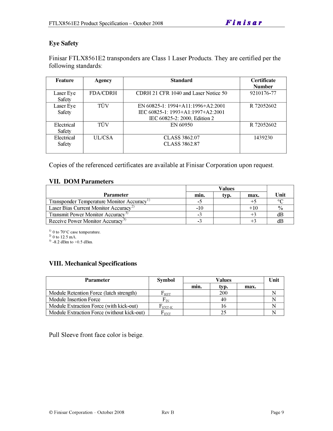 Finisar FTLX8561E2 manual Eye Safety, VII. DOM Parameters, VIII. Mechanical Specifications 