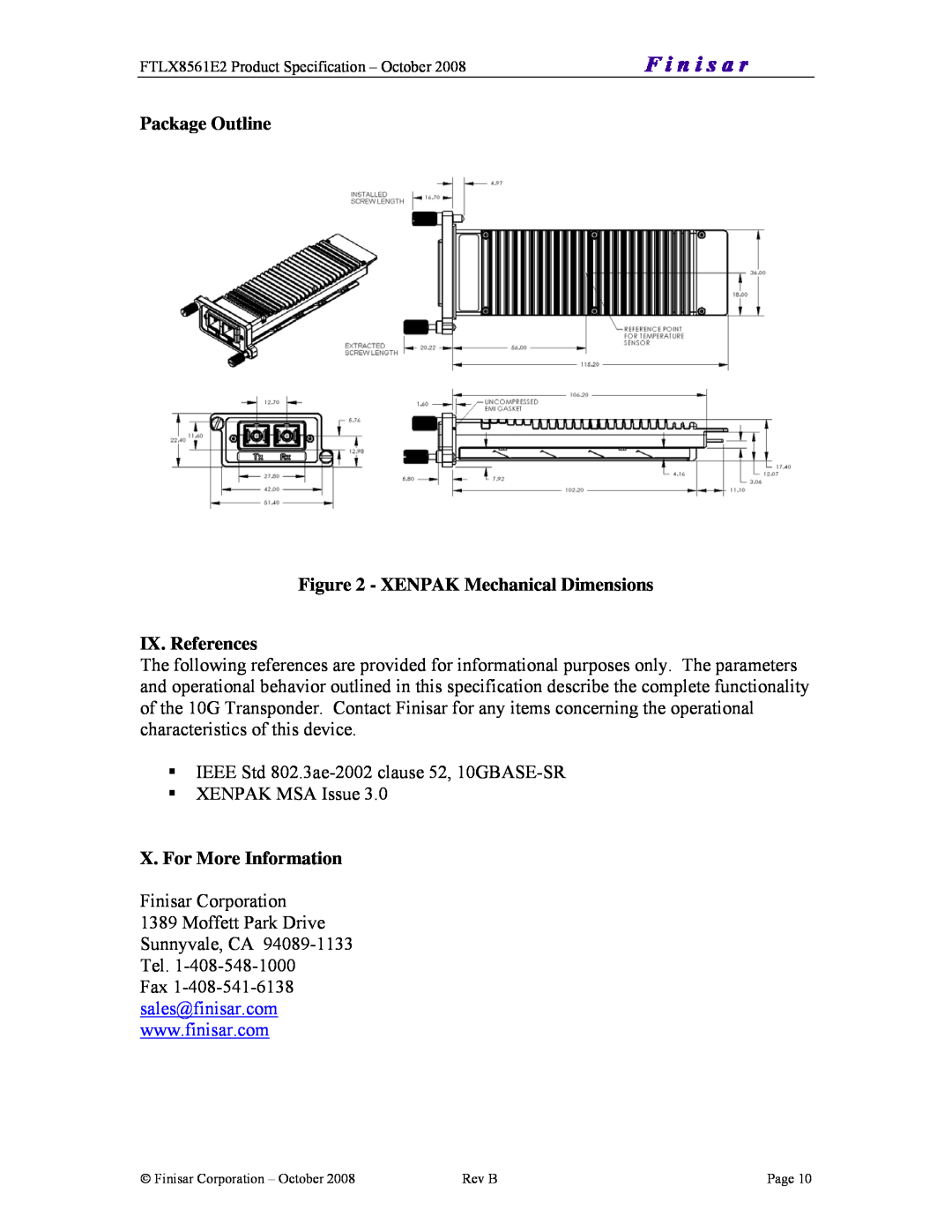 Finisar FTLX8561E2 manual Package Outline - XENPAK Mechanical Dimensions, IX. References, X. For More Information 