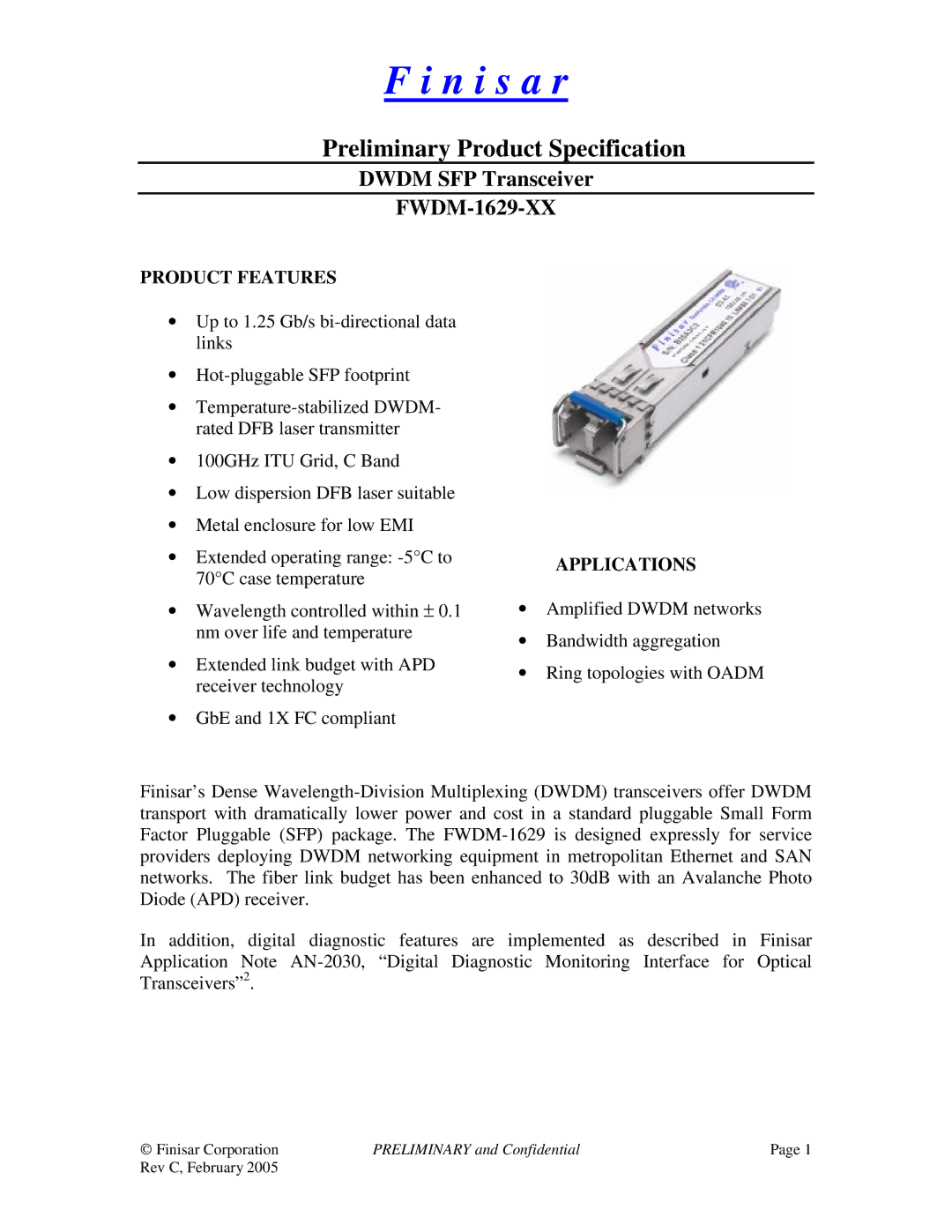 Finisar FWDM-1629-XX manual N i s a r 