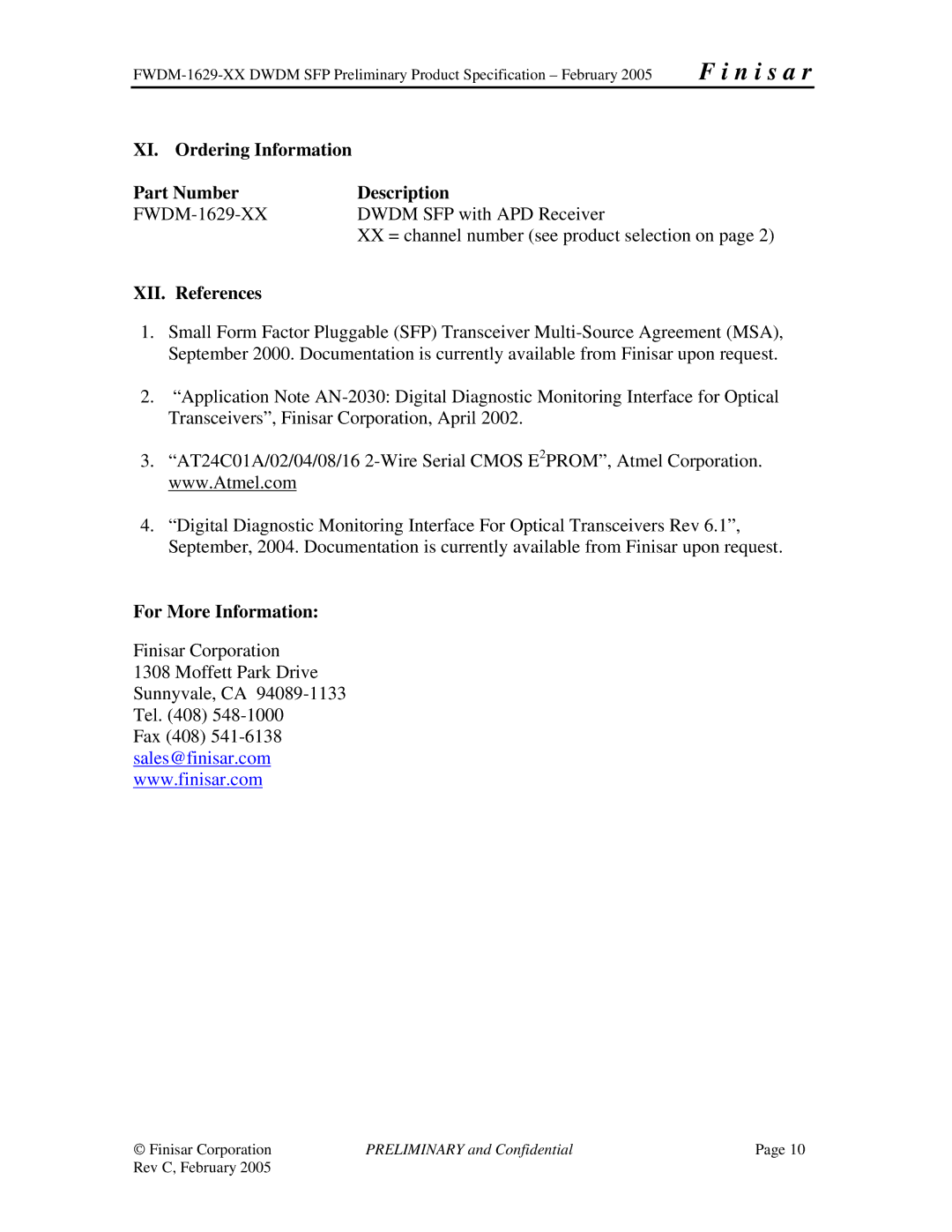 Finisar FWDM-1629-XX manual XI. Ordering Information Part Number Description, XII. References, For More Information 