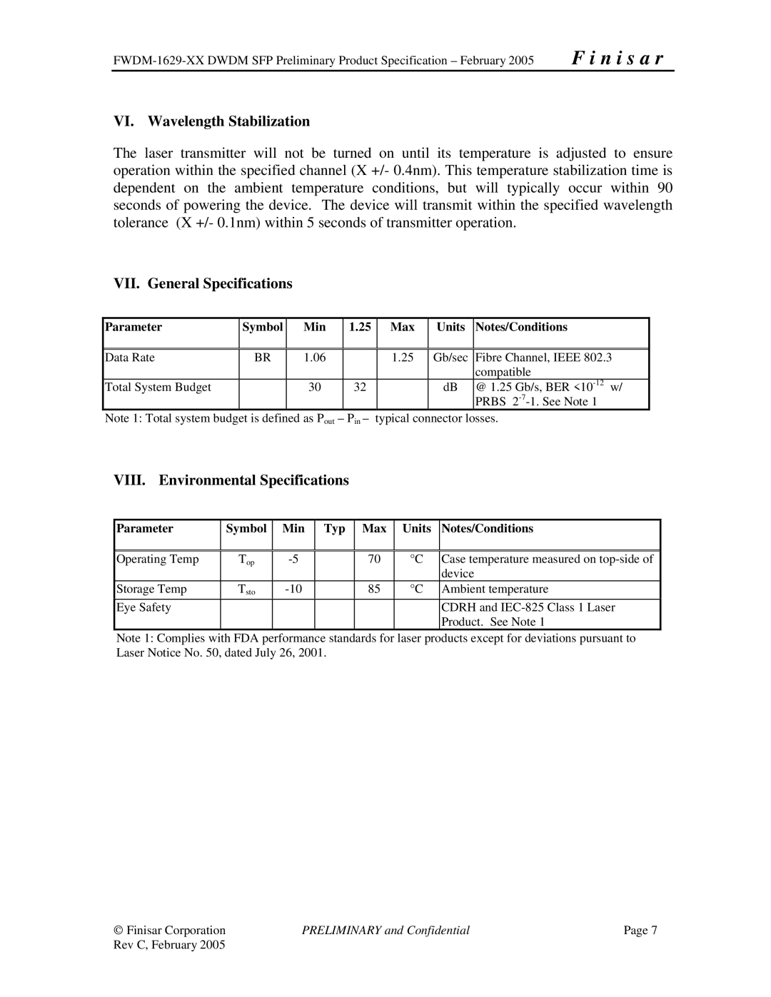 Finisar FWDM-1629-XX manual VI. Wavelength Stabilization, VII. General Specifications, VIII. Environmental Specifications 