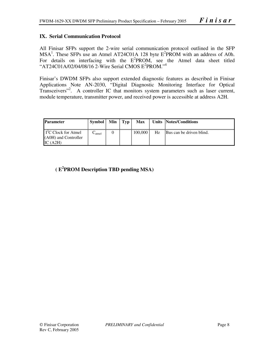 Finisar FWDM-1629-XX manual IX. Serial Communication Protocol, E2PROM Description TBD pending MSA 