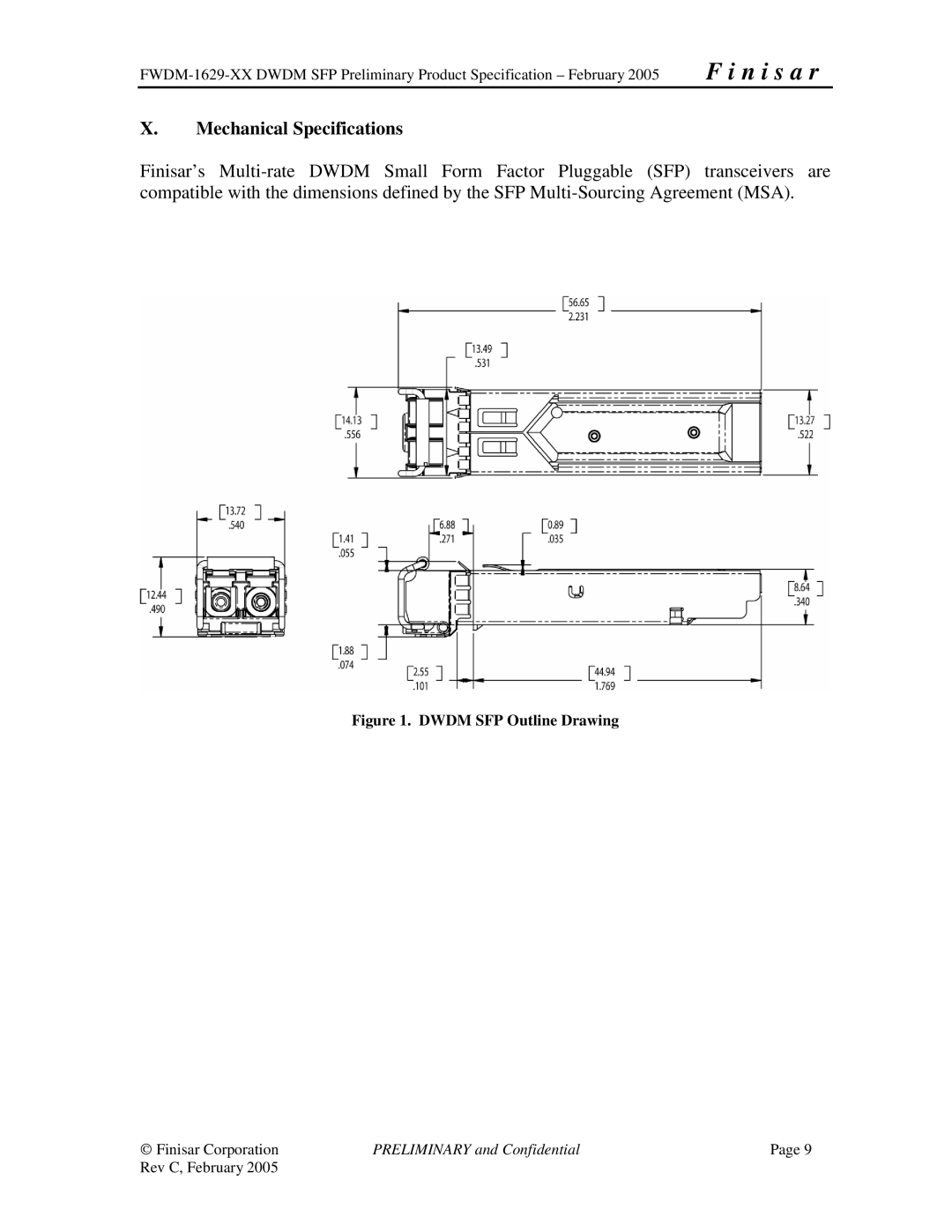 Finisar FWDM-1629-XX manual Mechanical Specifications, Dwdm SFP Outline Drawing 