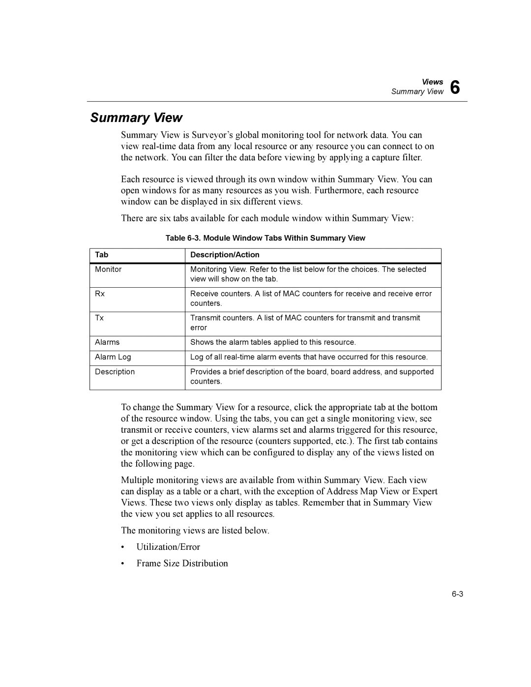 Finisar Surveyor manual Module Window Tabs Within Summary View, Tab Description/Action 