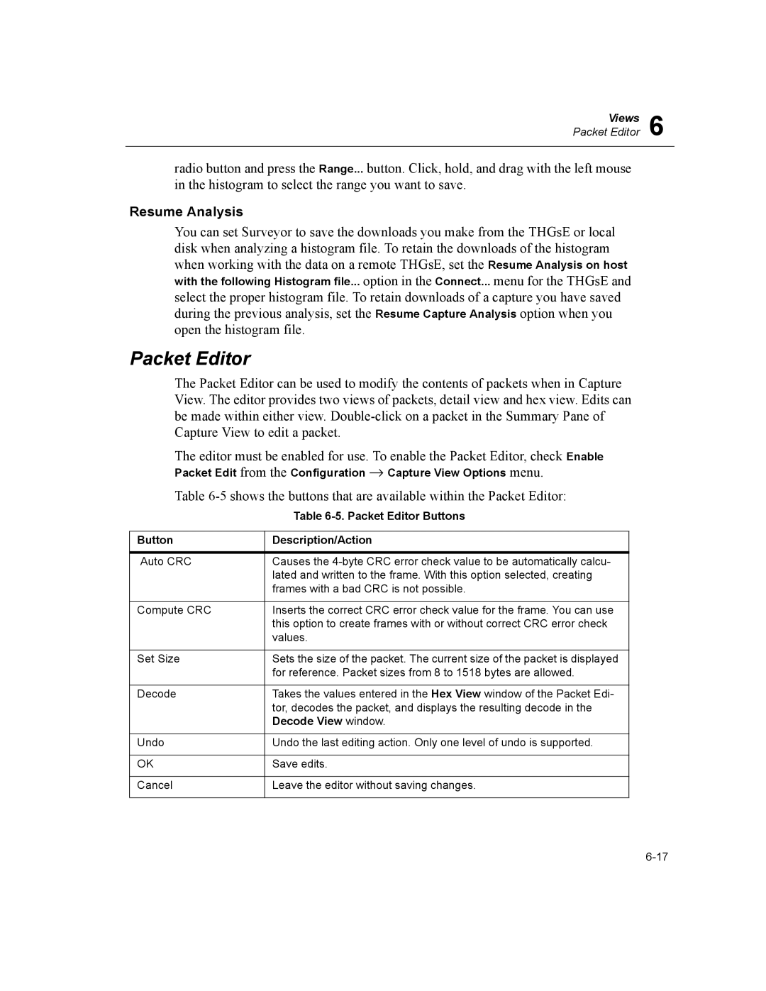 Finisar Surveyor manual Resume Analysis, Packet Editor Buttons, Button Description/Action, Decode View window 