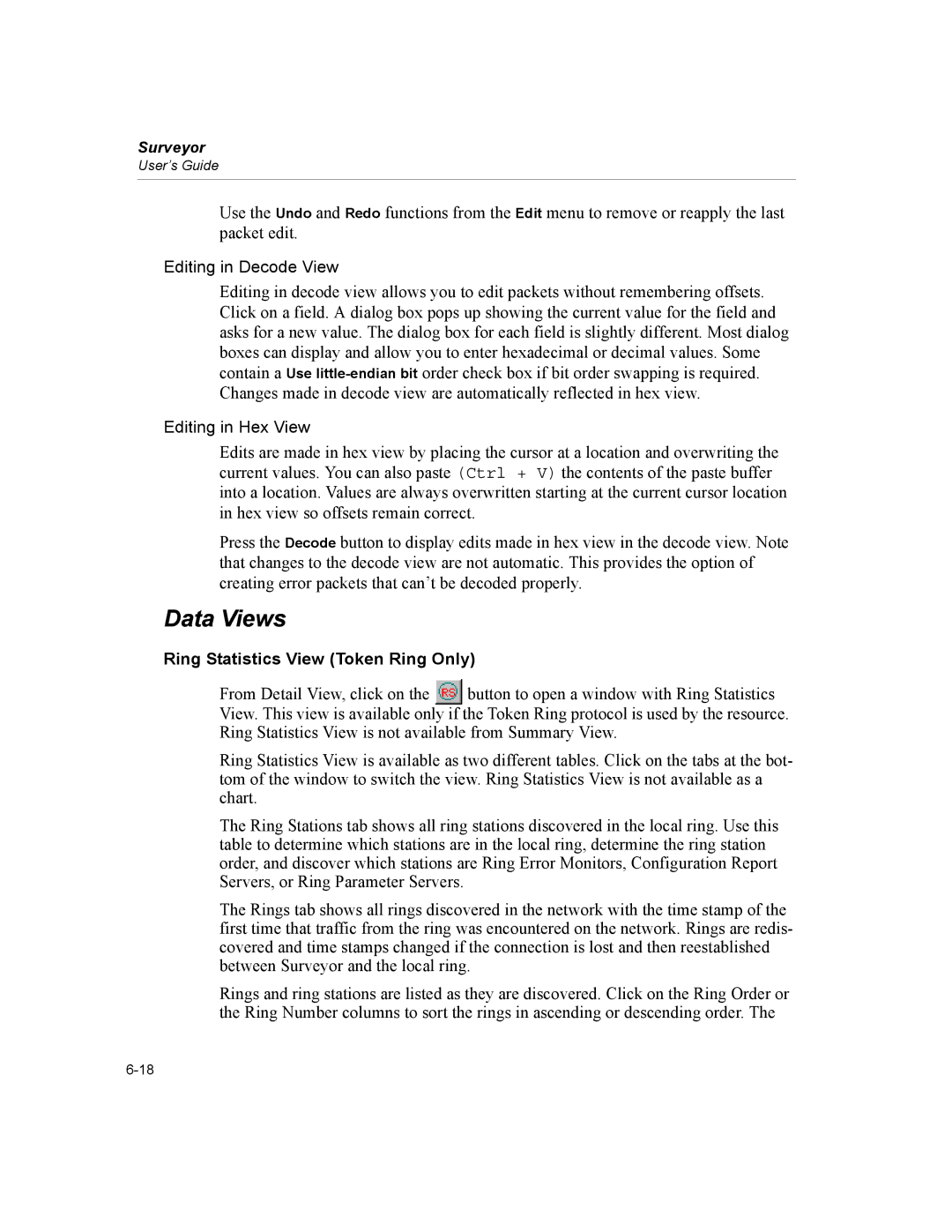 Finisar Surveyor manual Data Views, Editing in Decode View, Editing in Hex View, Ring Statistics View Token Ring Only 