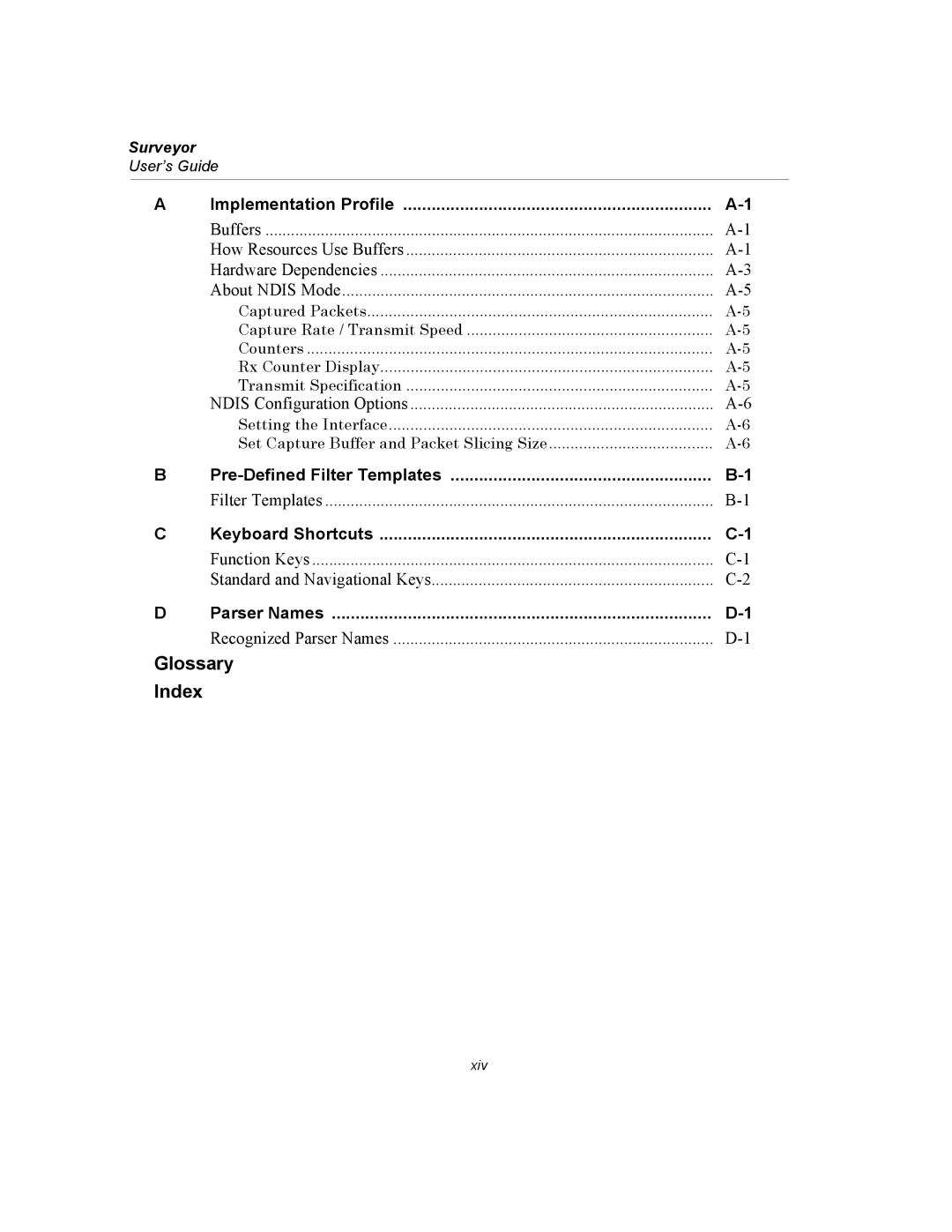 Finisar Surveyor manual Implementation Profile, Pre-Defined Filter Templates, Keyboard Shortcuts, Parser Names 