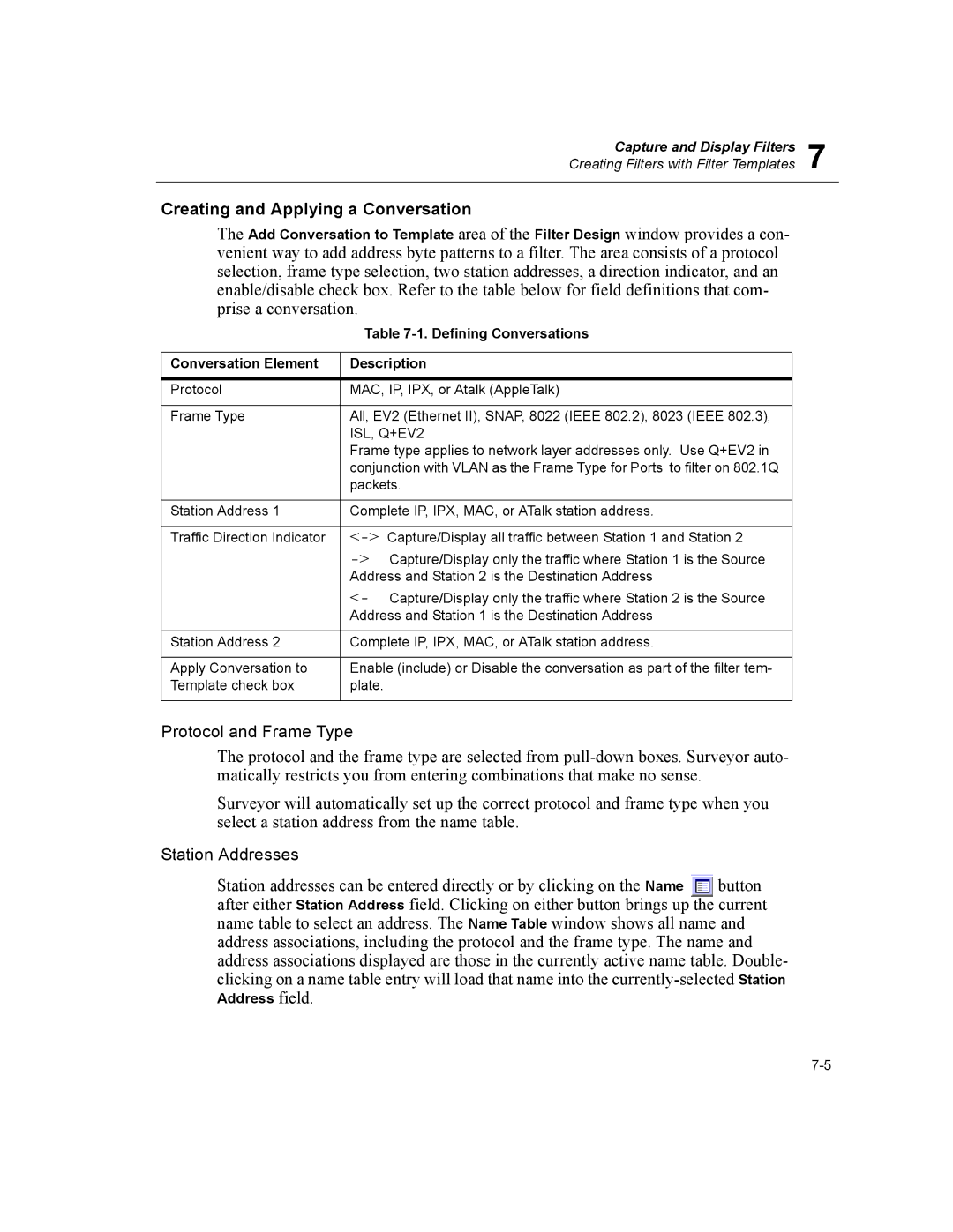 Finisar Surveyor manual Creating and Applying a Conversation, Protocol and Frame Type, Station Addresses, ISL, Q+EV2 