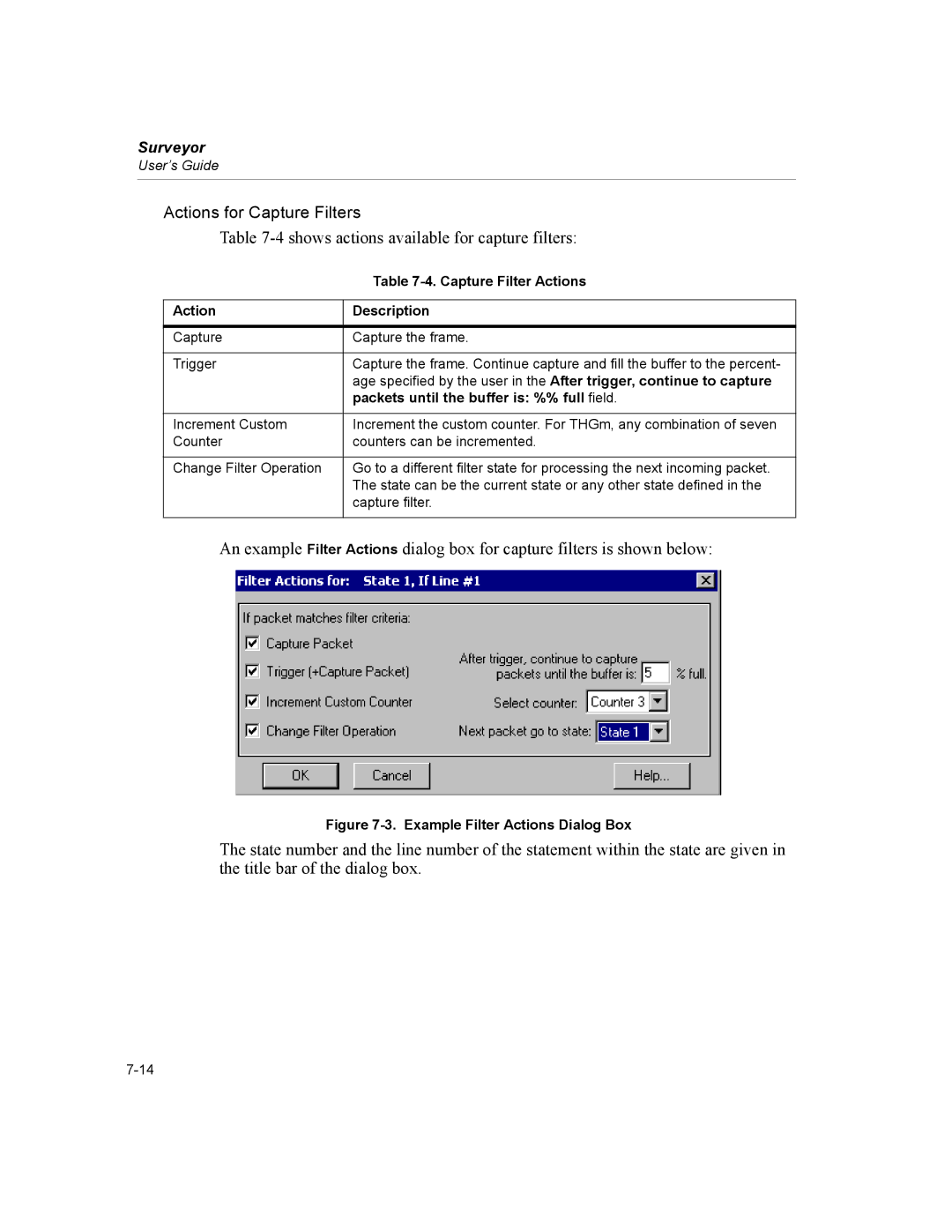 Finisar Surveyor manual Actions for Capture Filters, Capture Filter Actions, Action Description 