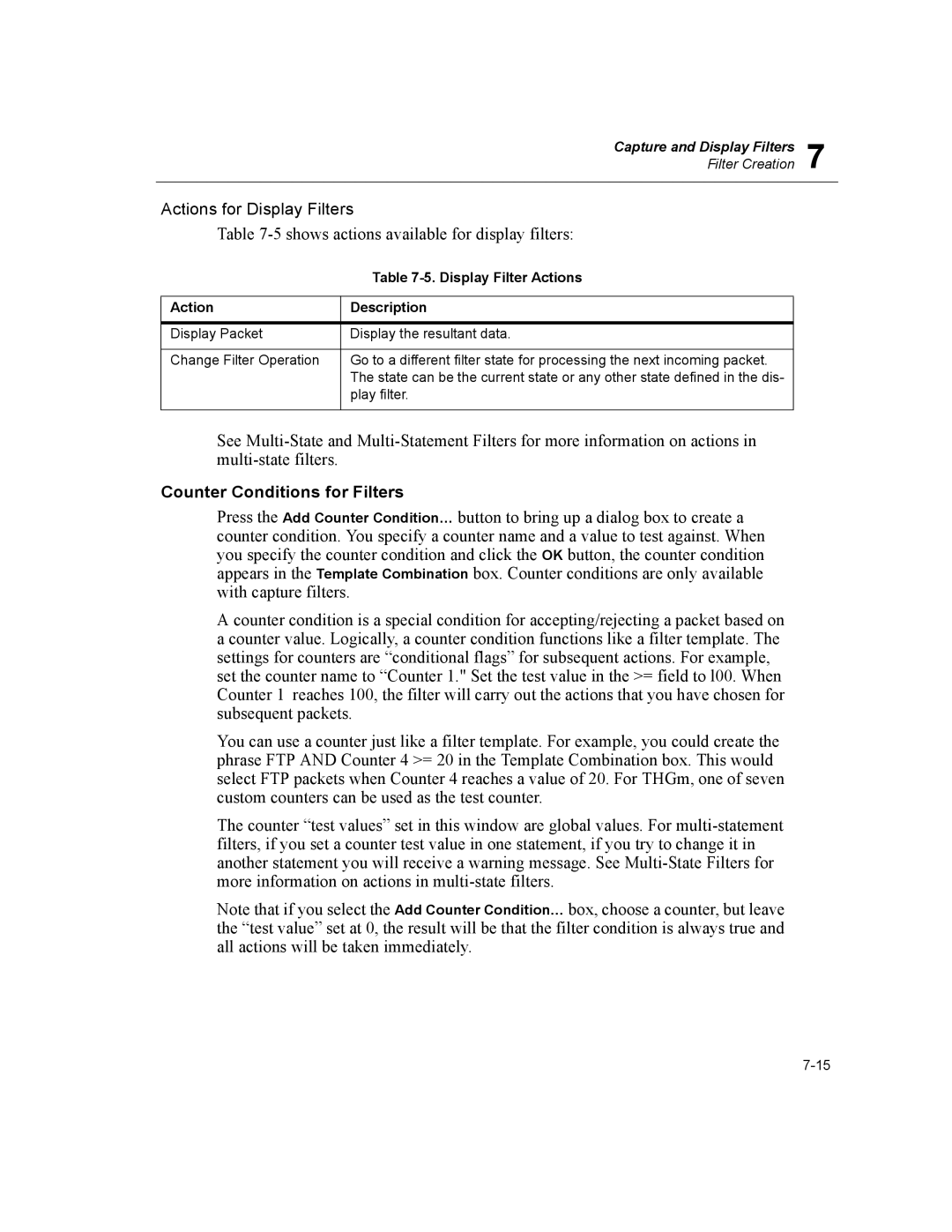 Finisar Surveyor manual Actions for Display Filters, Counter Conditions for Filters, Display Filter Actions 