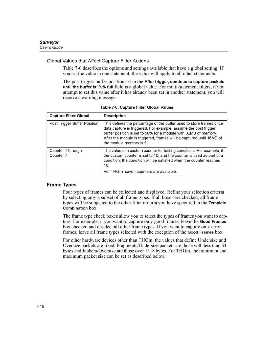 Finisar Surveyor manual Global Values that Affect Capture Filter Actions, Frame Types, Capture Filter Global Values 