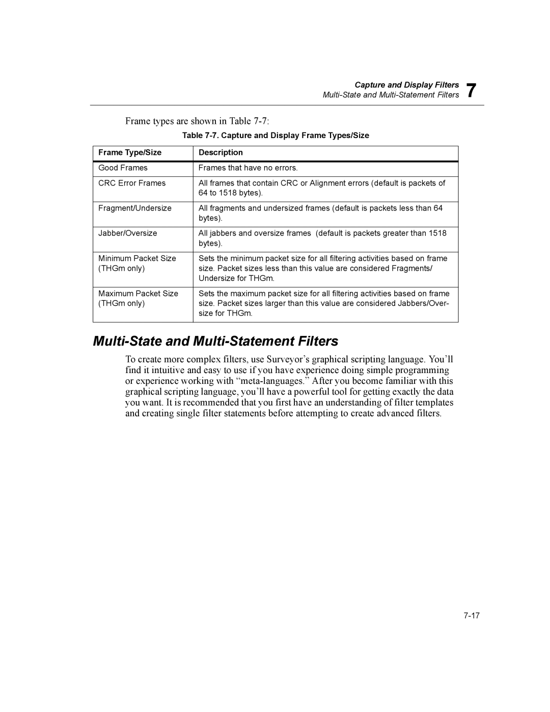 Finisar Surveyor manual Multi-State and Multi-Statement Filters, Frame types are shown in Table 