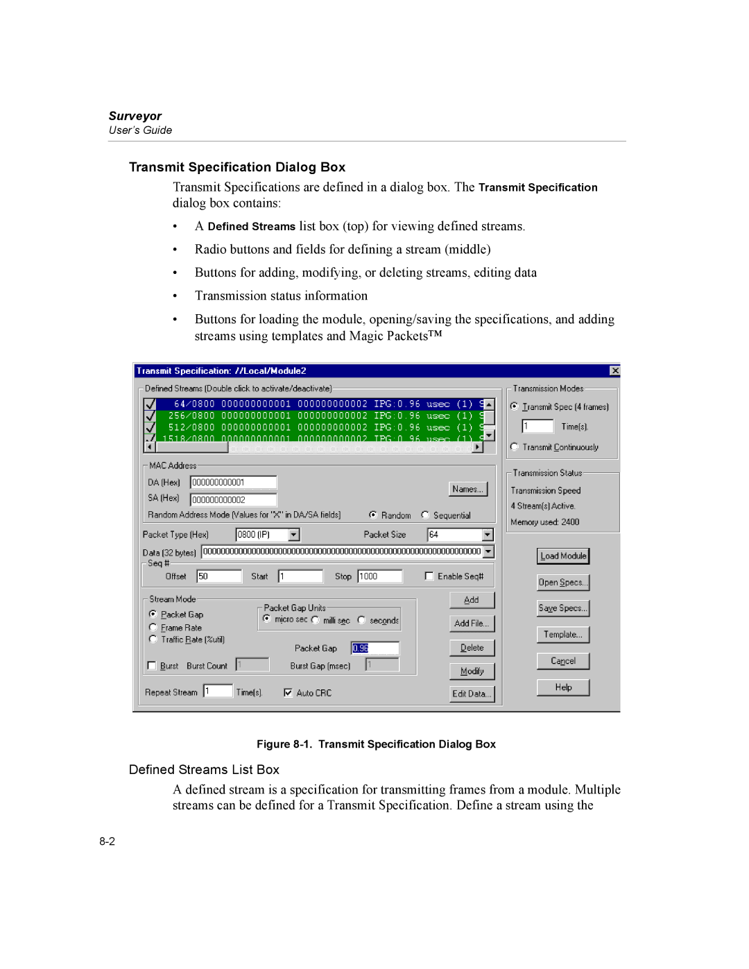 Finisar Surveyor manual Transmit Specification Dialog Box, Defined Streams List Box 