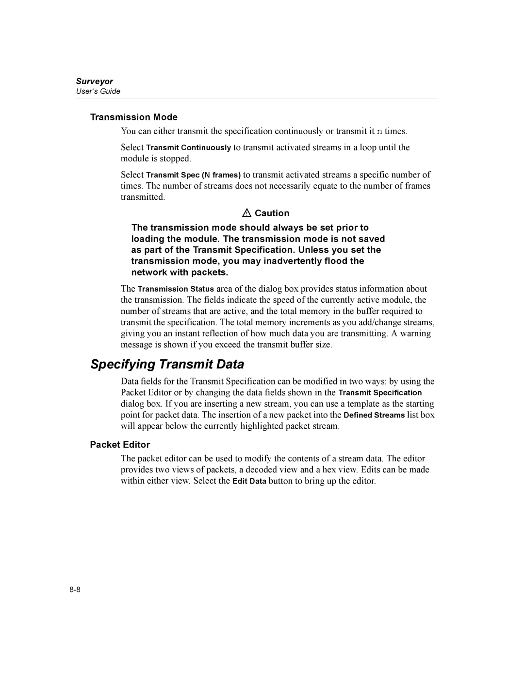 Finisar Surveyor manual Specifying Transmit Data, Transmission Mode, Packet Editor 