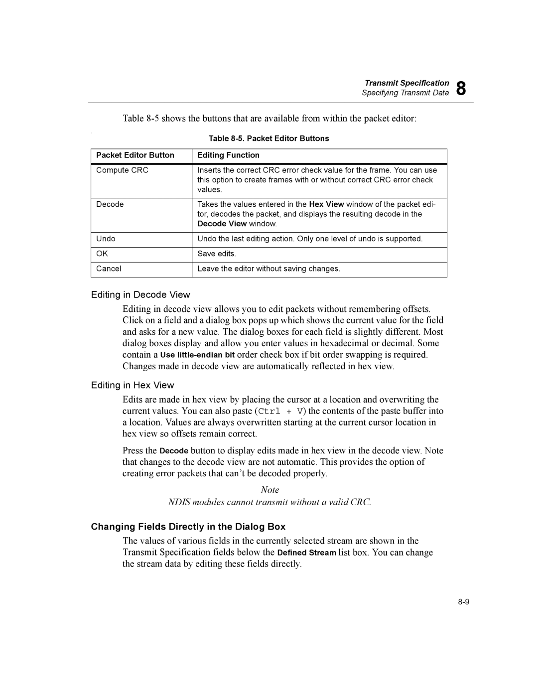 Finisar Surveyor manual Changing Fields Directly in the Dialog Box, Packet Editor Button Editing Function 