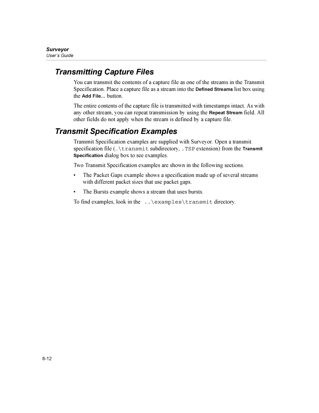 Finisar Surveyor manual Transmitting Capture Files, Transmit Specification Examples 