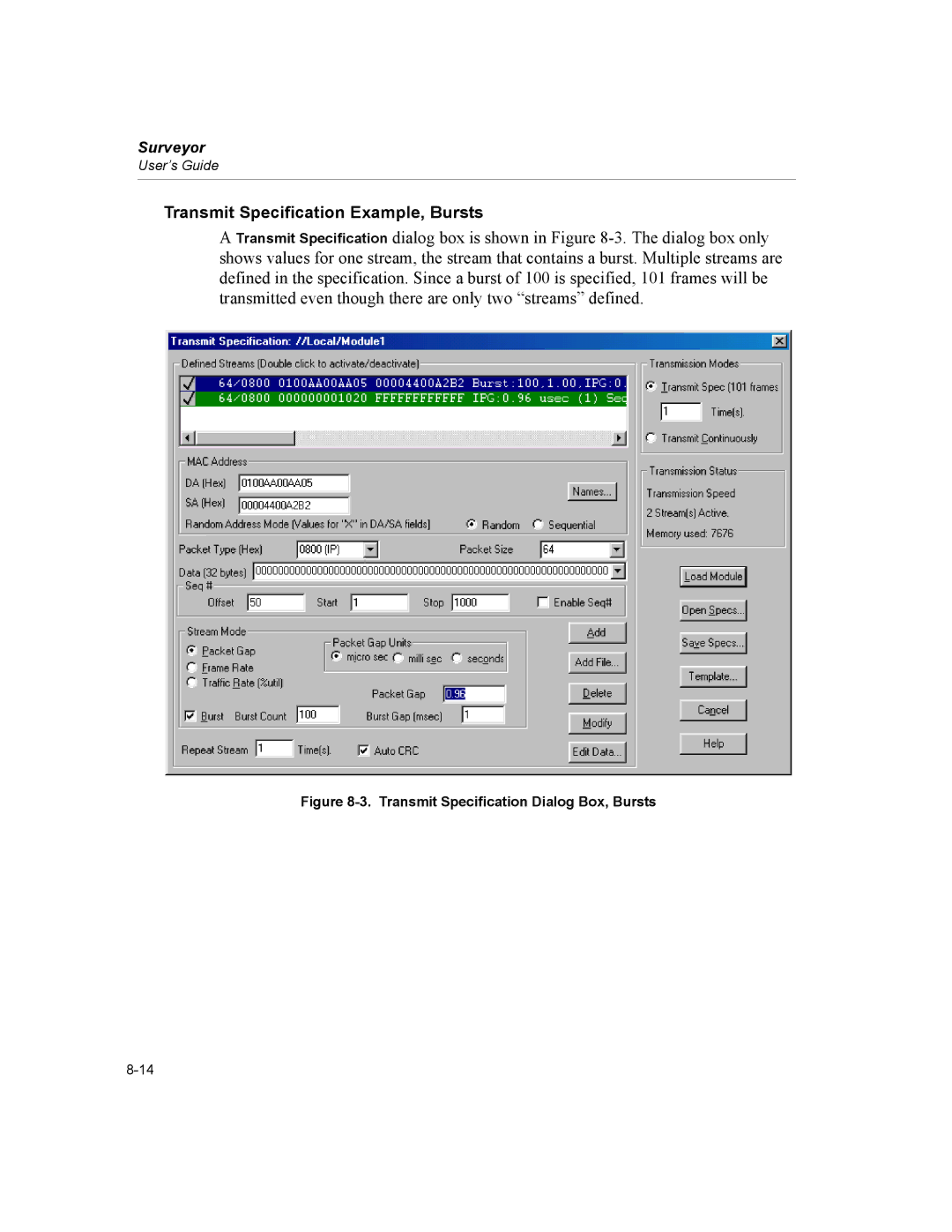 Finisar Surveyor manual Transmit Specification Example, Bursts, Transmit Specification Dialog Box, Bursts 