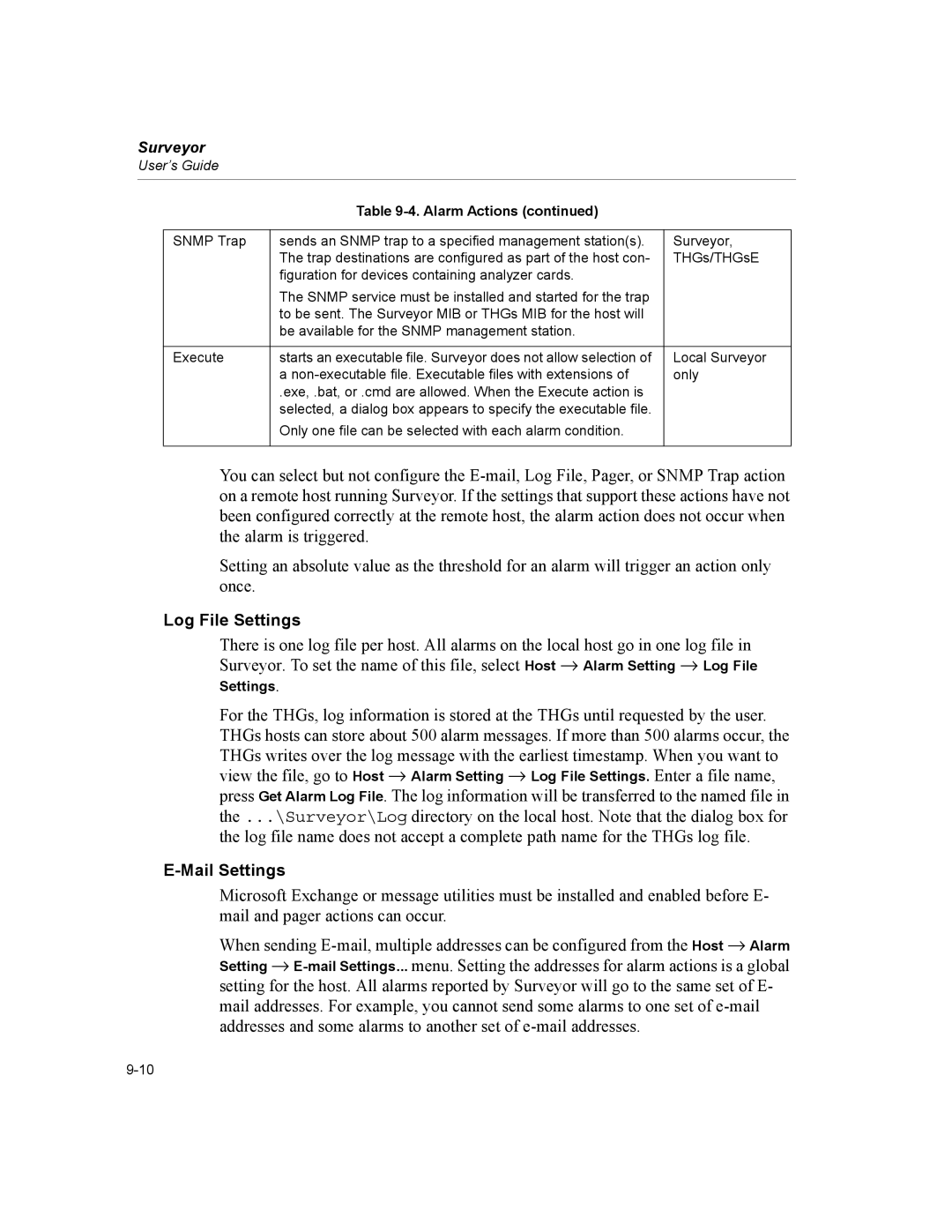 Finisar Surveyor manual Log File Settings, Mail Settings, Alarm Actions 