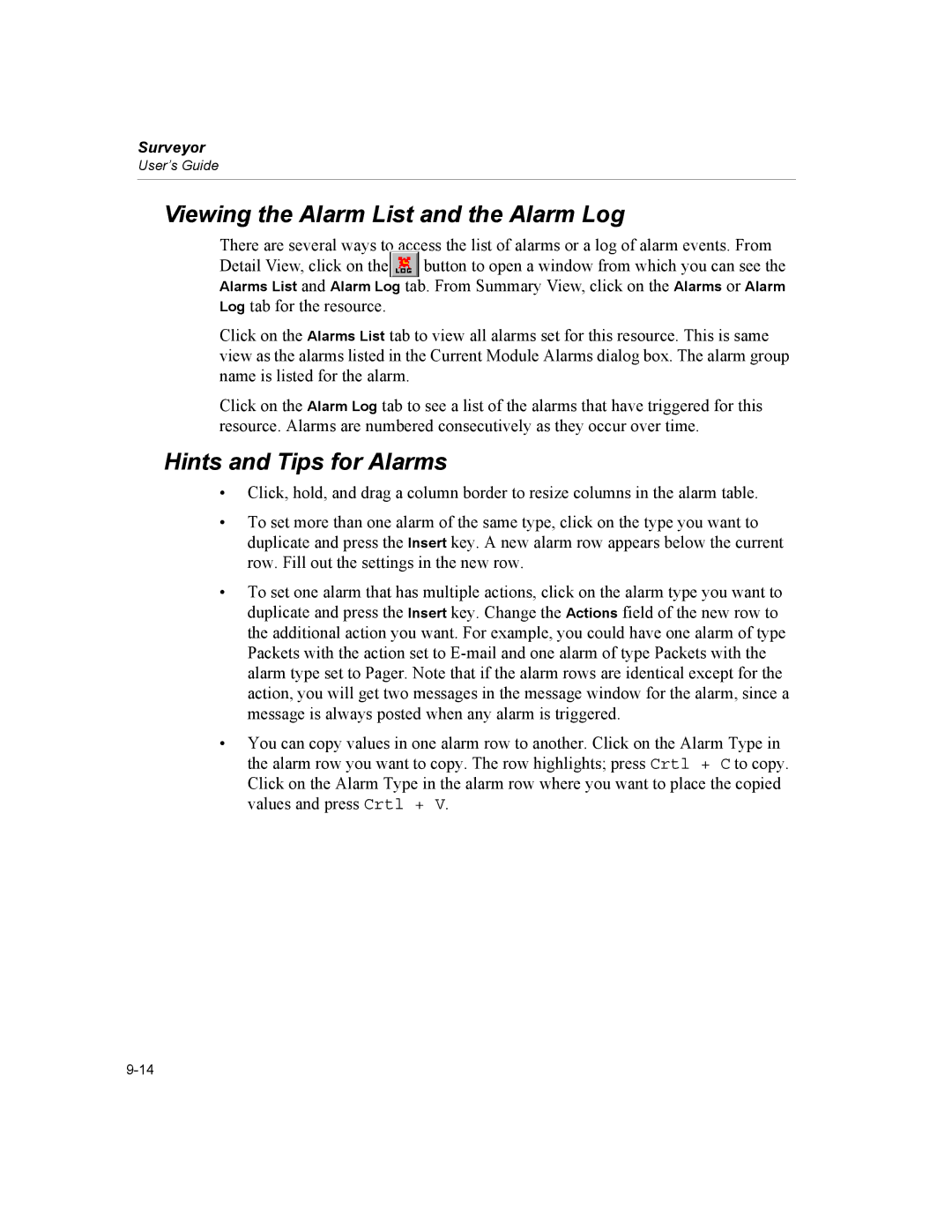 Finisar Surveyor manual Viewing the Alarm List and the Alarm Log, Hints and Tips for Alarms 