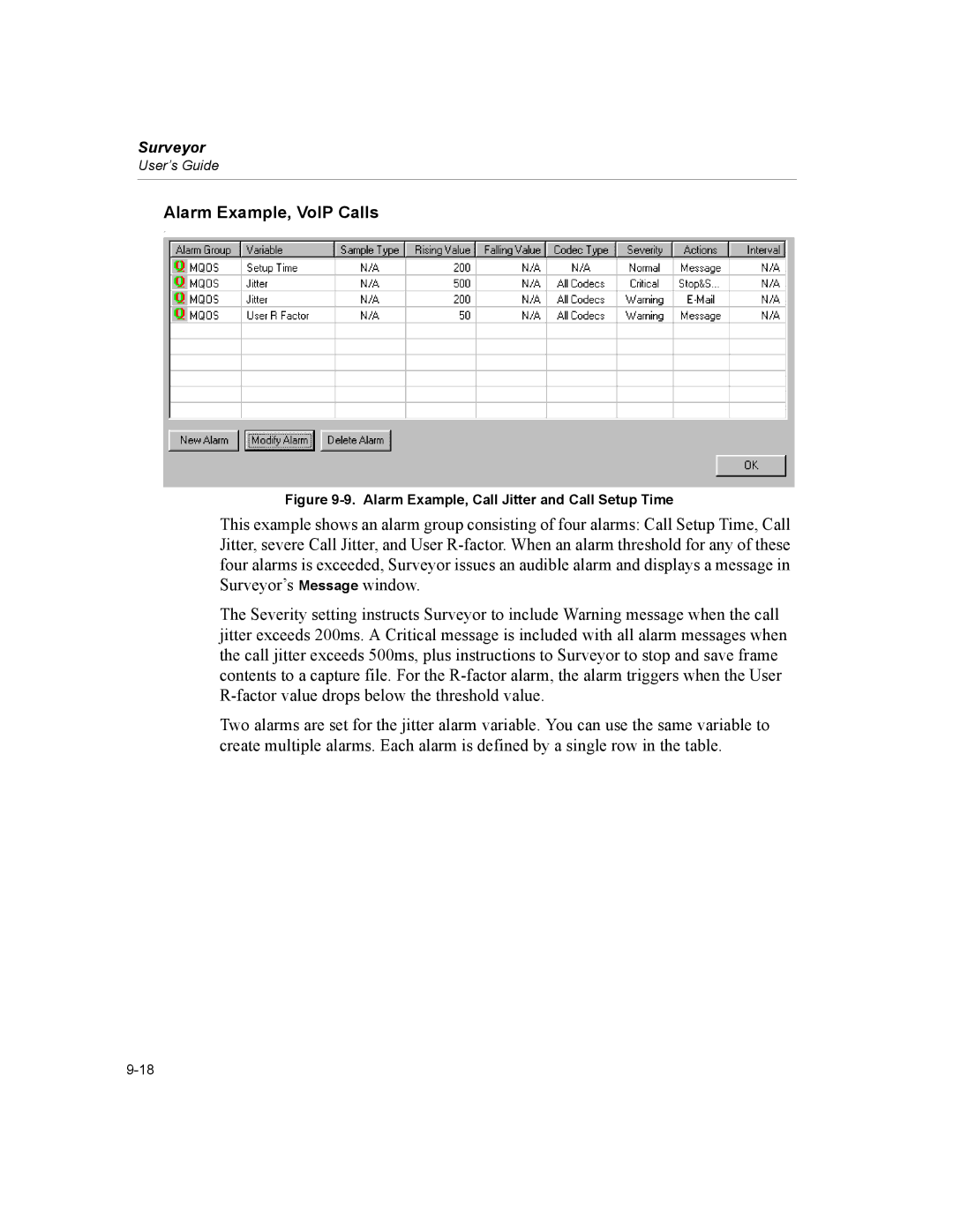 Finisar Surveyor manual Alarm Example, VoIP Calls, Alarm Example, Call Jitter and Call Setup Time 