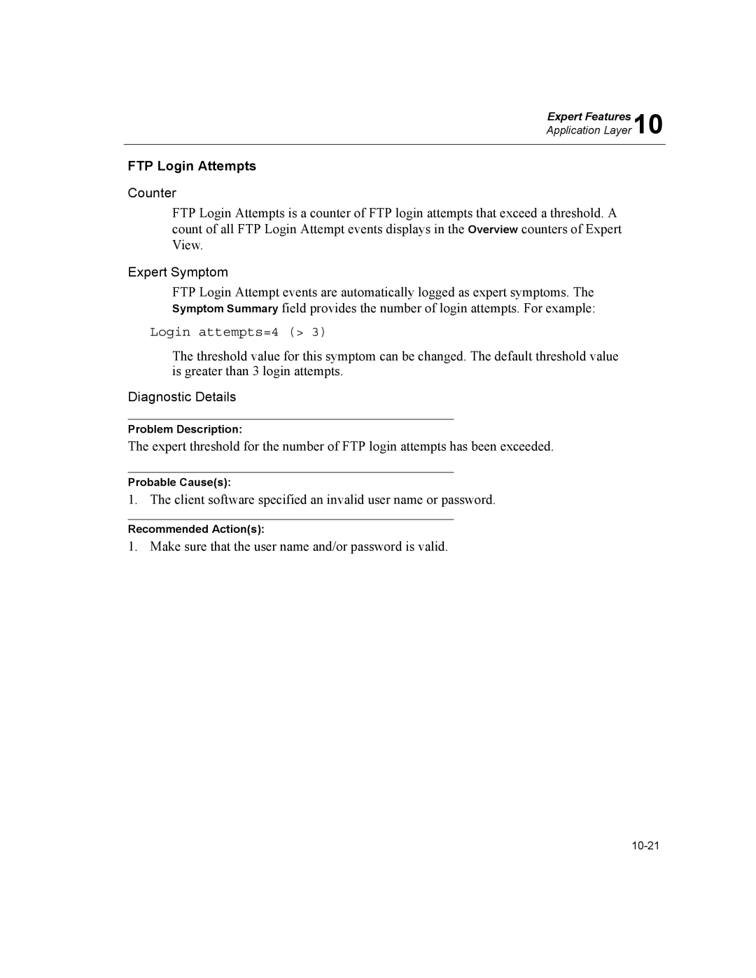 Finisar Surveyor manual FTP Login Attempts, Expert Symptom, Login attempts=4 