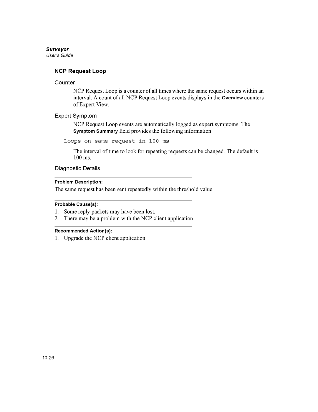 Finisar Surveyor manual NCP Request Loop, Loops on same request in 100 ms 