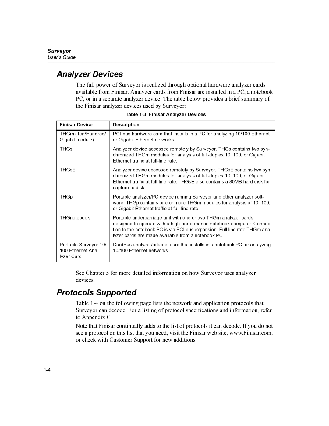 Finisar Surveyor manual Protocols Supported, Finisar Analyzer Devices, Finisar Device Description 