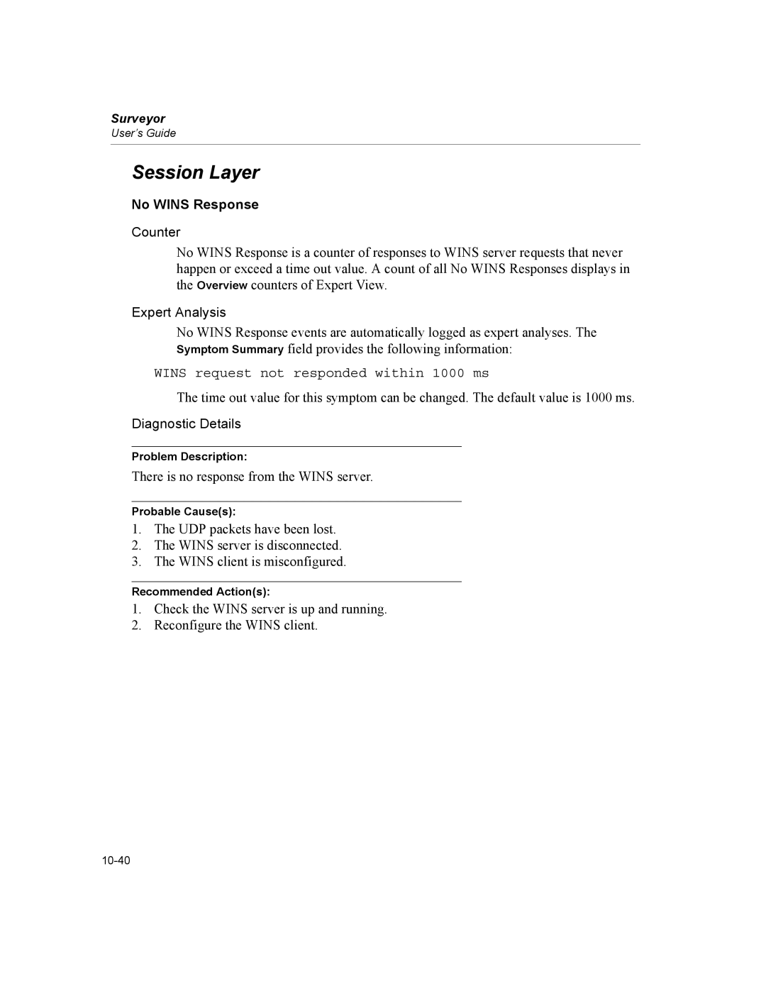 Finisar Surveyor manual Session Layer, No Wins Response, Wins request not responded within 1000 ms 