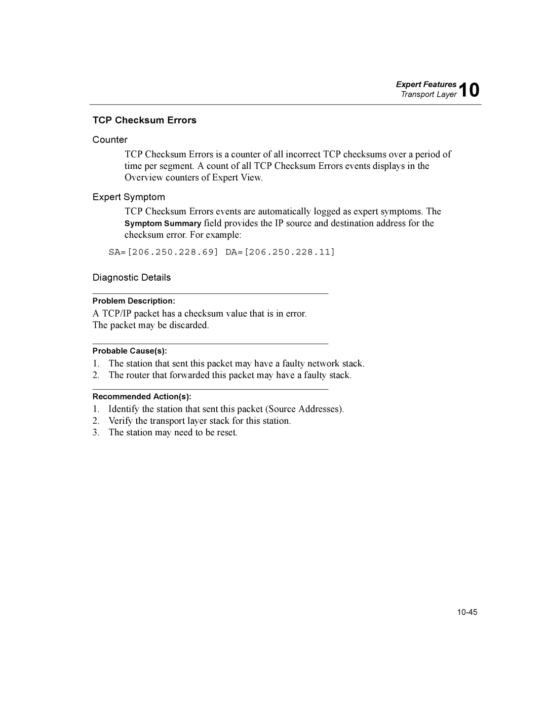 Finisar Surveyor manual TCP Checksum Errors, SA=206.250.228.69 DA=206.250.228.11 