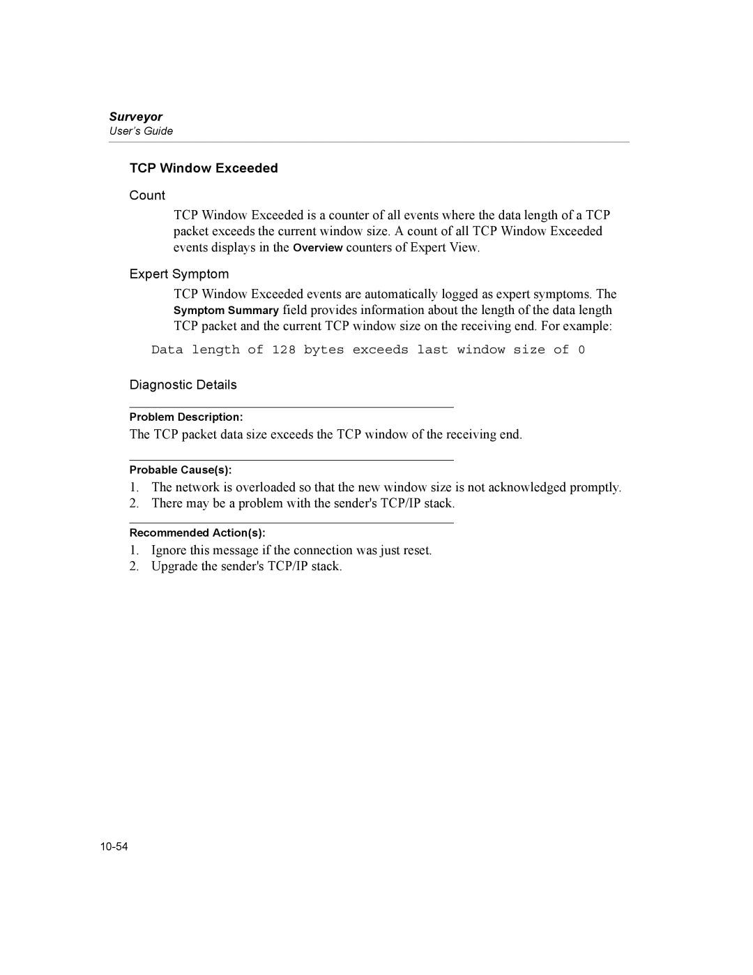 Finisar Surveyor manual TCP Window Exceeded, Count, Data length of 128 bytes exceeds last window size 