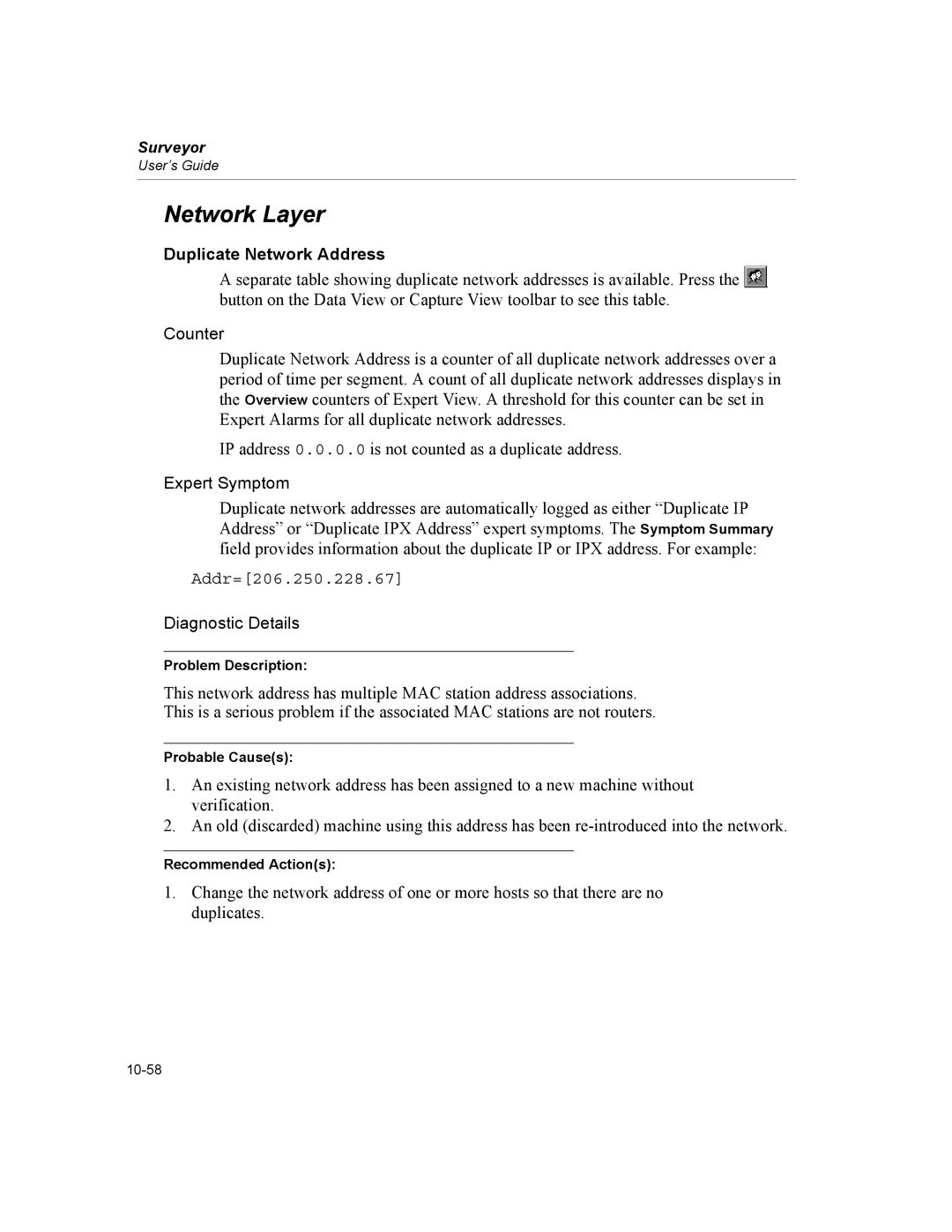 Finisar Surveyor manual Network Layer, Duplicate Network Address, Addr=206.250.228.67 