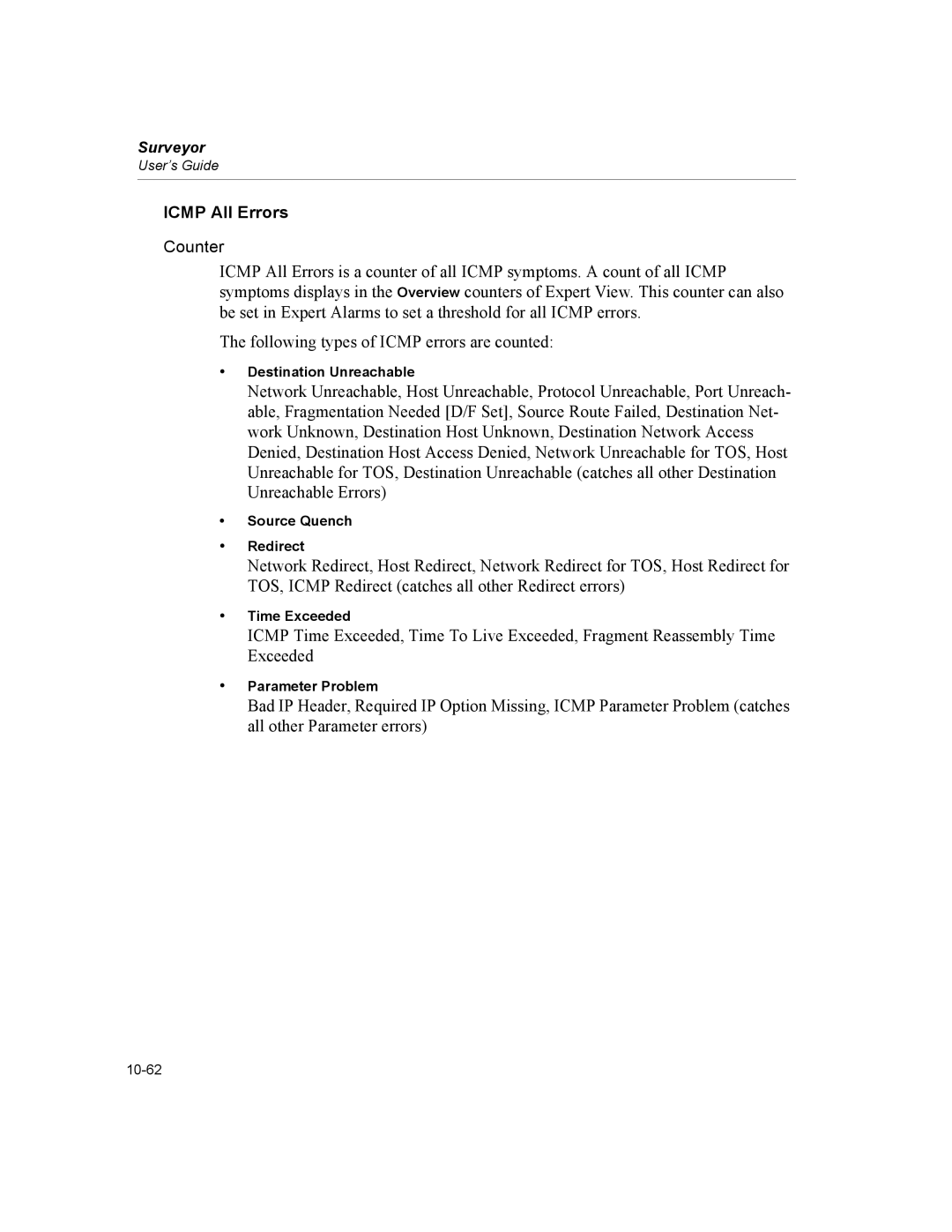 Finisar Surveyor manual Icmp All Errors, Destination Unreachable, Source Quench Redirect, Time Exceeded, Parameter Problem 