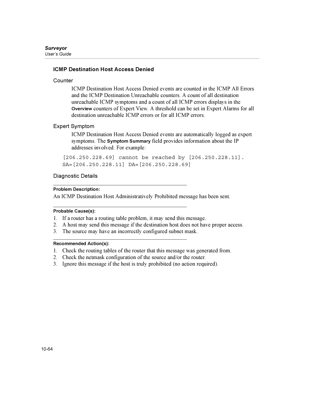 Finisar Surveyor manual Icmp Destination Host Access Denied, Cannot be reached by SA=206.250.228.11 DA=206.250.228.69 