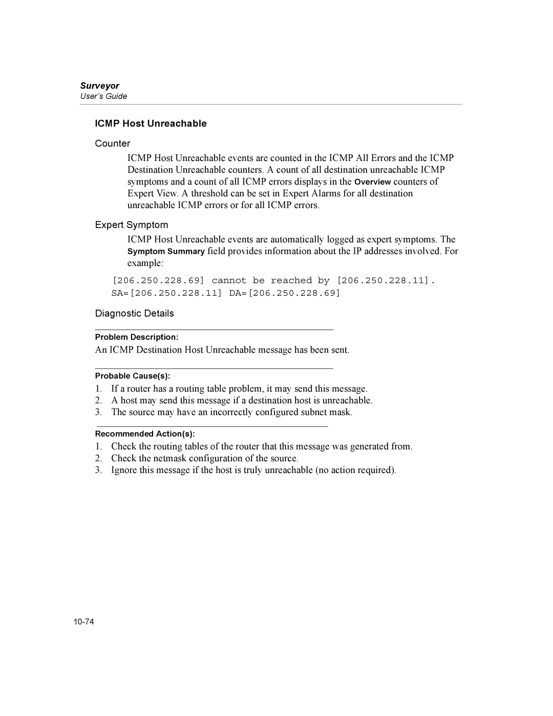 Finisar Surveyor manual Icmp Host Unreachable, Cannot be reached by SA=206.250.228.11 DA=206.250.228.69 